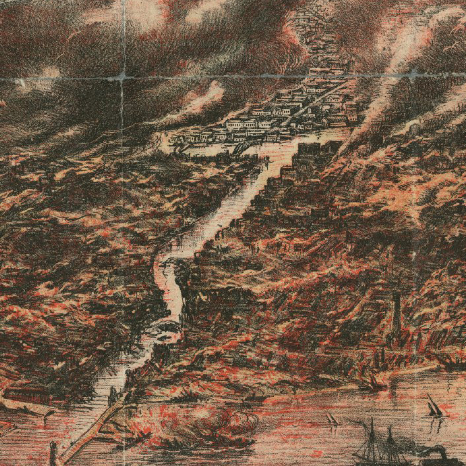 Detail of the Great Chicago Fire of 1871, from Richard's Illustrated and Statistical Map of the Great Conflagration in Chicago (1871).