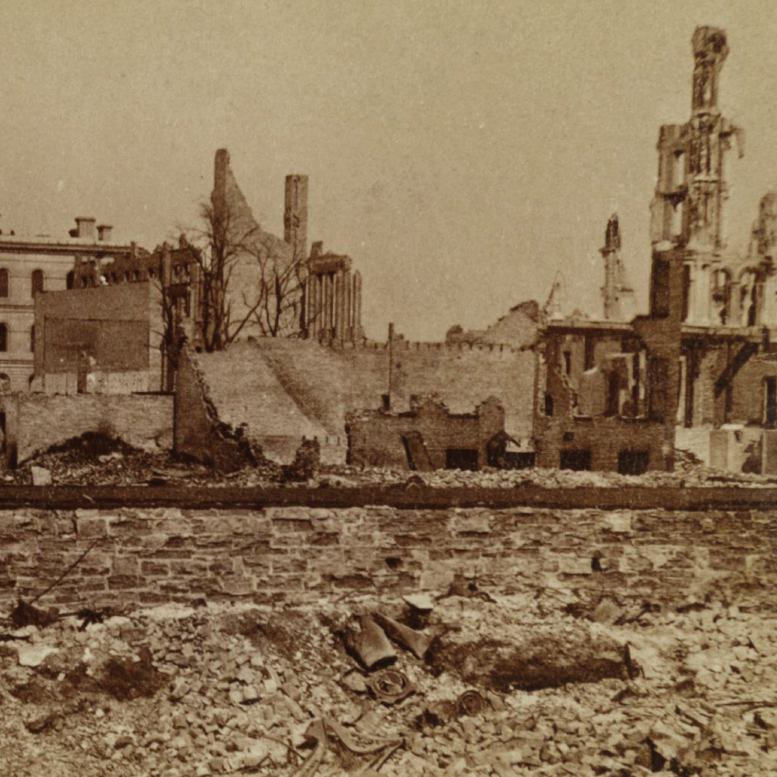 Photograph showing the aftermath of the Great Chicago Fire. From the Oliver Barrett-Carl Sandburg Papers at the Newberry Library.