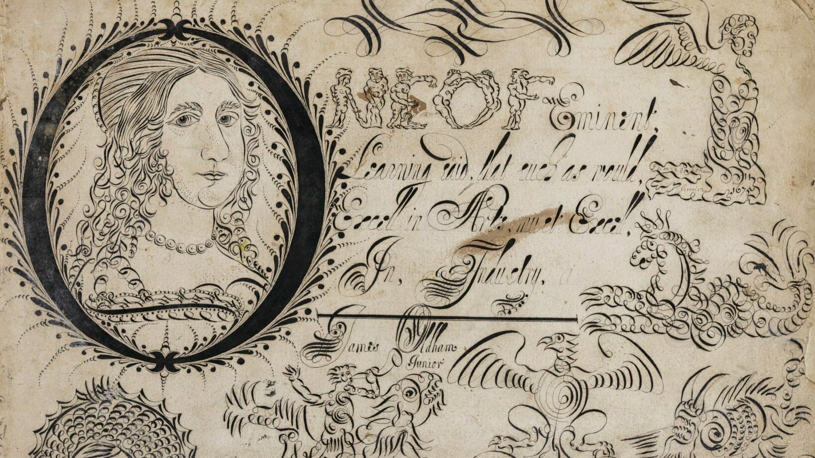 Inside a large letter "O" is a portrait of a woman. Also on the page are hand-drawn doodles of fish, angels, and cherubs.
