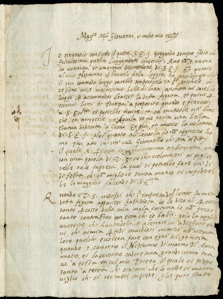 Benvenuto Cellini (authenticity uncertain), Letter to Giovanni Caccini, 27 November 1565, Florence, Newberry Case MS 5A56, pg. 1