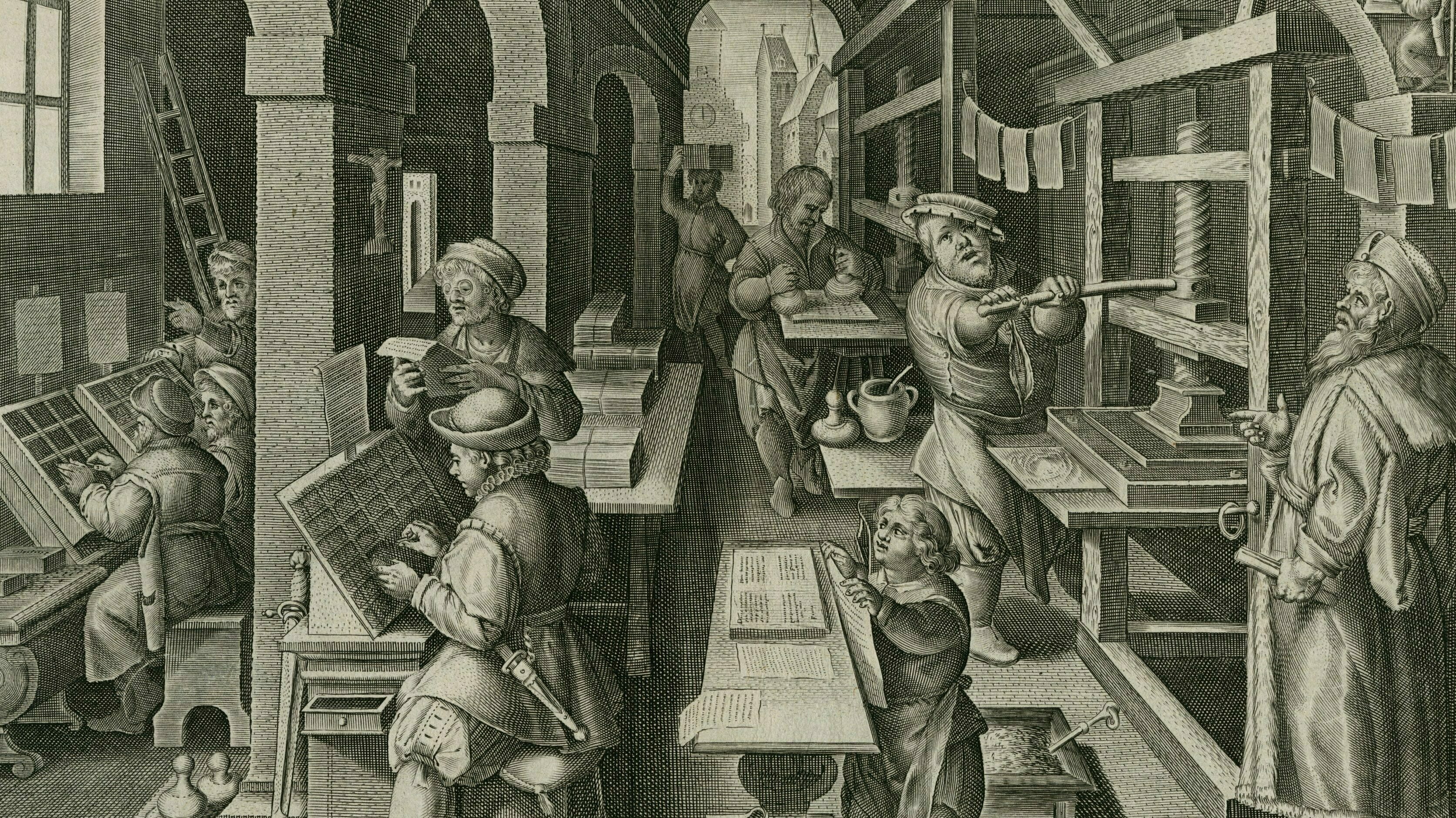 Workers in a printer's shop bustle about doing various tasks related to printing.