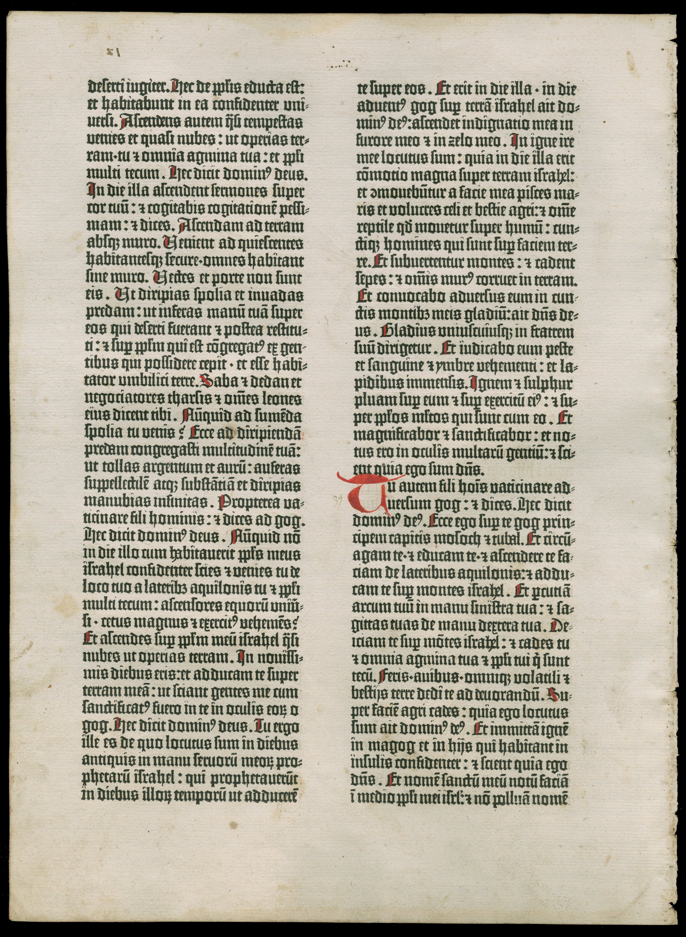 [A Leaf from the Gutenberg Bible (Ezekiel 37:11 to 39:7.).] First complete book printed with metal type on a book press, Mainz, Germany, around 1454.