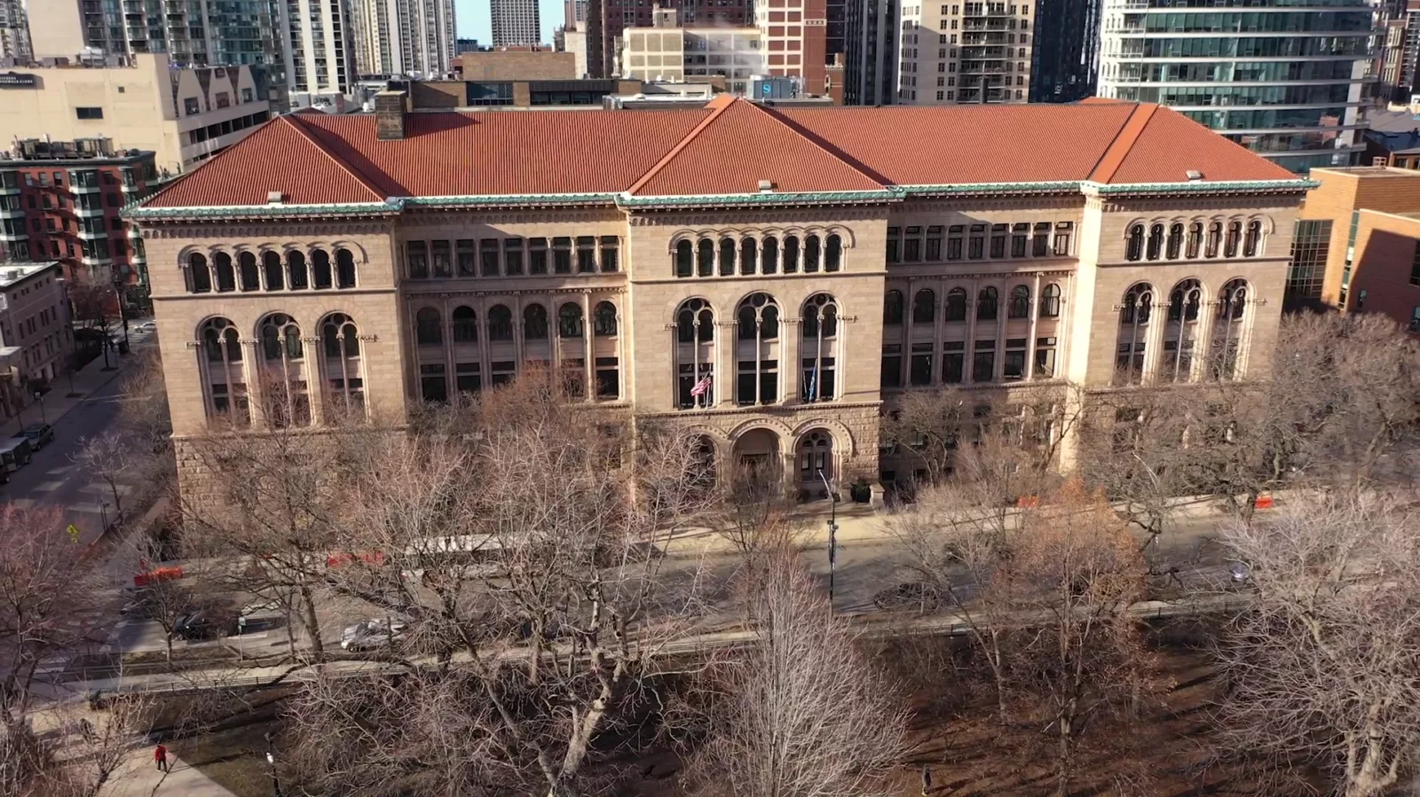 An aerial photograph of the Newberry shows the full front facade of the building.