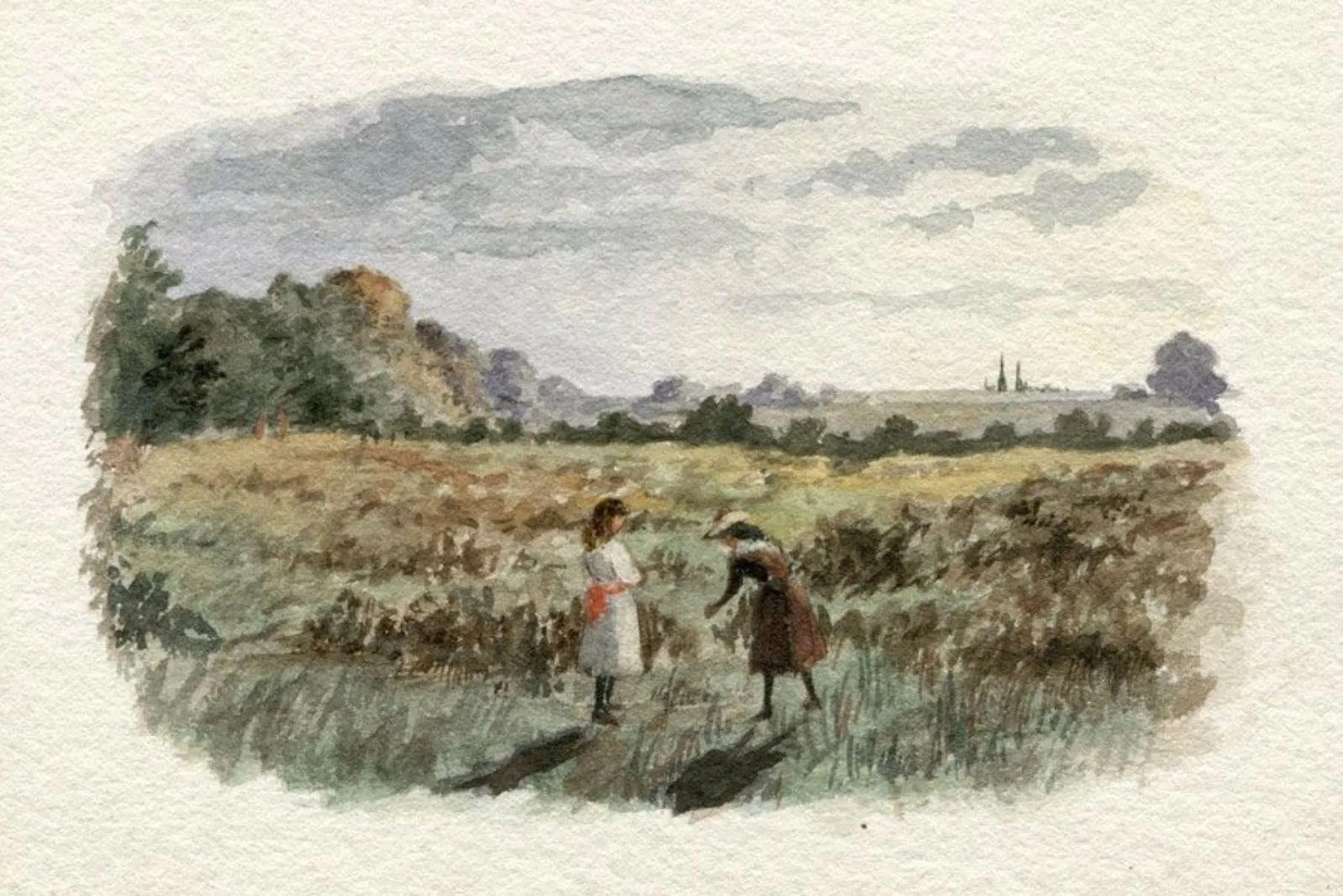 A painting depicting two people standing in a field.