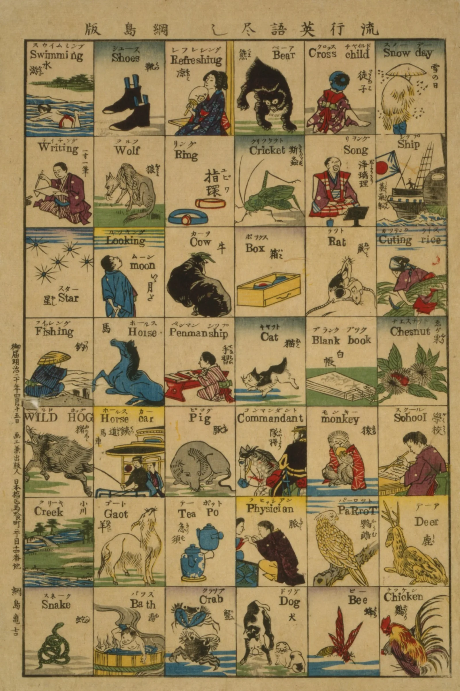 An illustrated chart of English and Japanese words, each with an accompanying drawing.