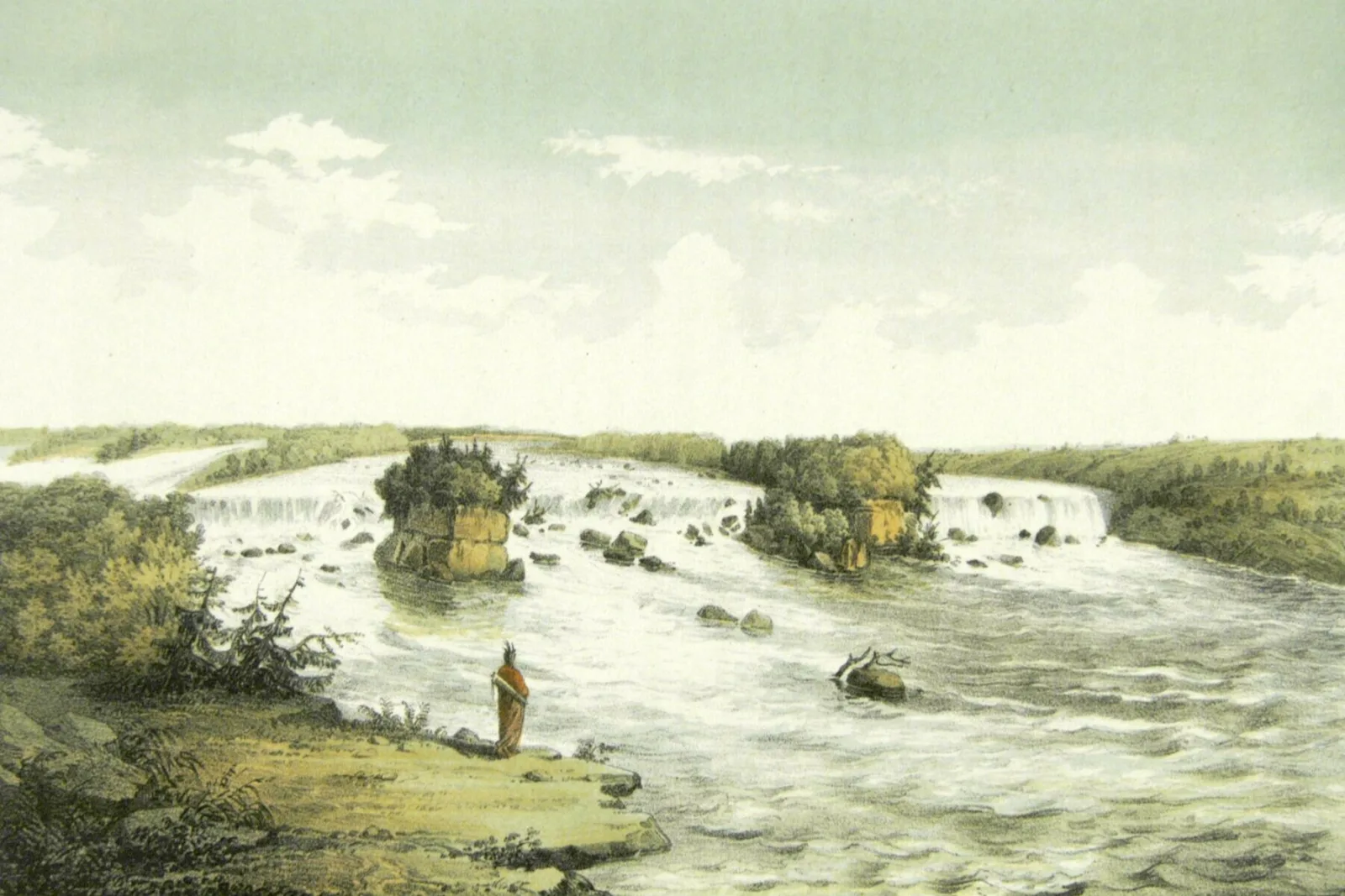 A lithograph depicting a person standing on a riverbank looking out at the river.