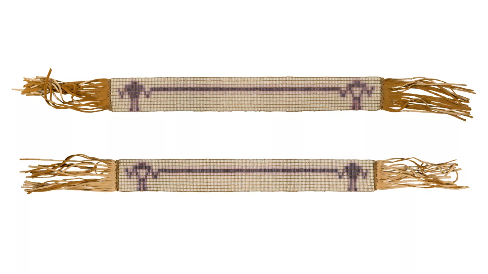 The front and back of a Wampum belt in purple and white beads