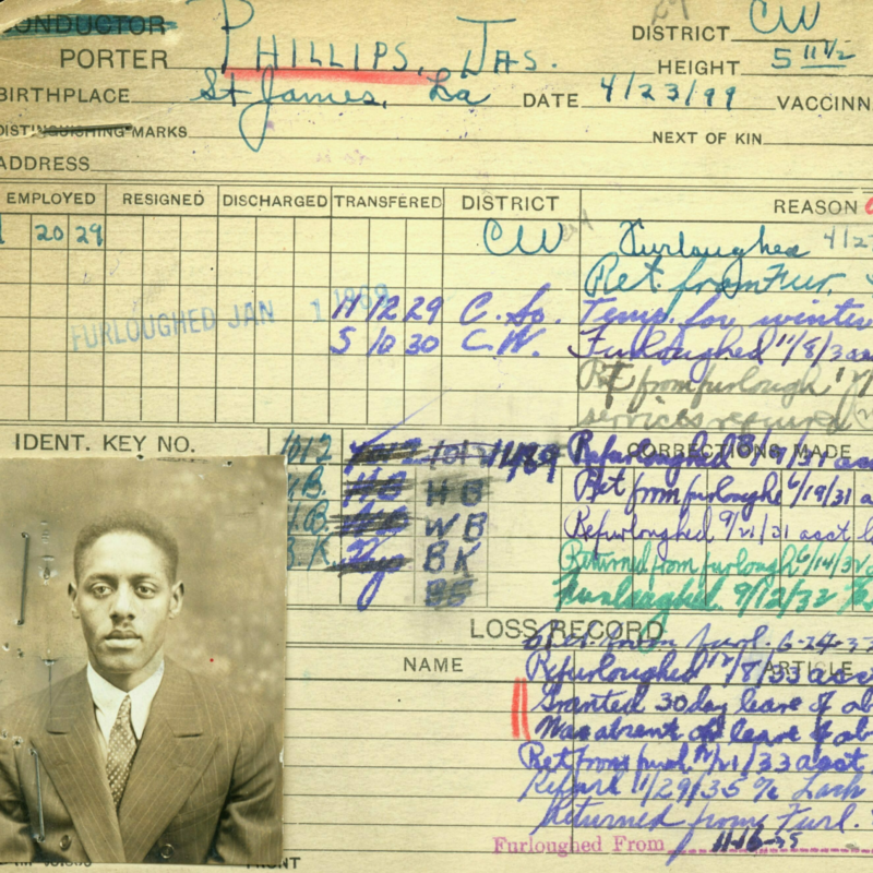 The photo of a man named James Phillips appears in the lower-left corner of an employment record. To the right are handwritten comments documenting his employment history with the Pullman Company.