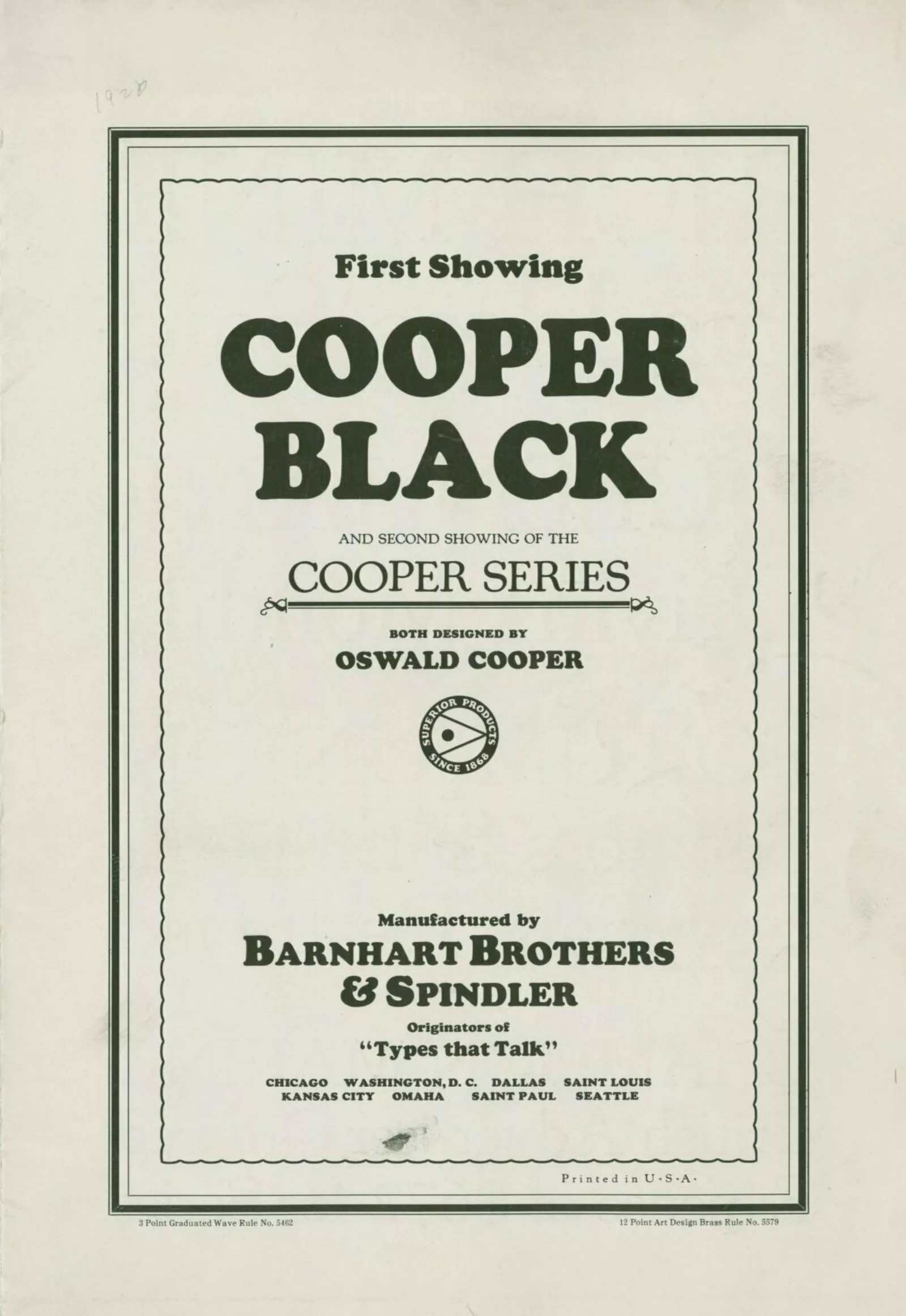 Advertising brochure for Cooper Black. The title on the cover says "First showing, Cooper Black."