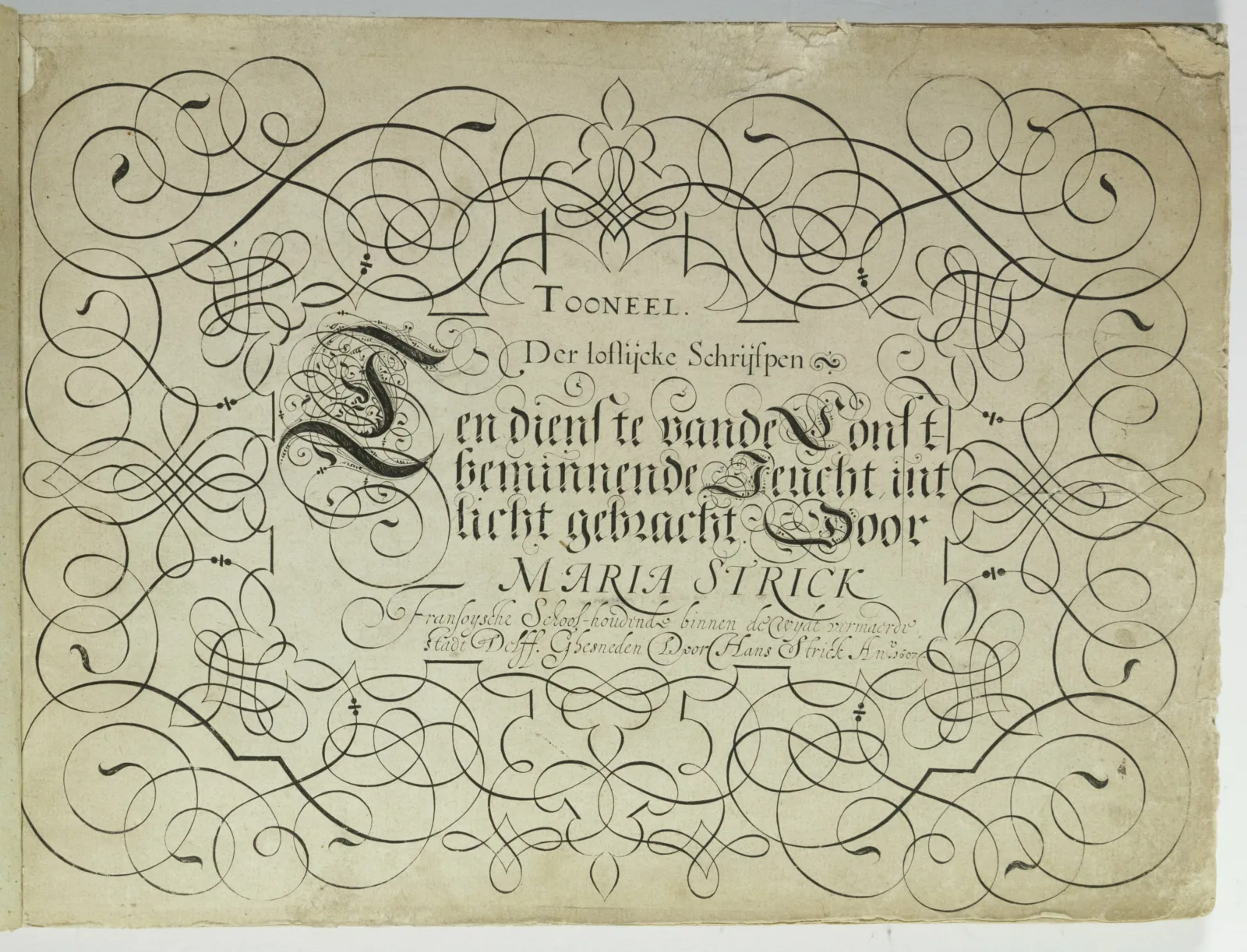 Maria Strick handwriting Calligraphic writing appears in the middle of the page. Under the writing are the words “Maria Strick.” Surrounding the handwriting are loops and flourishes.