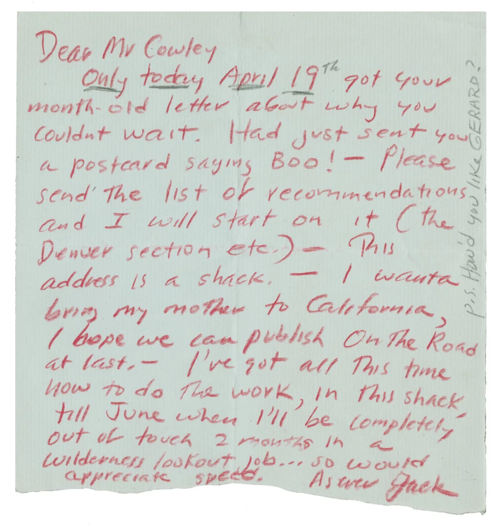 A letter with words written in red pencil. The letter is signed “Jack.”