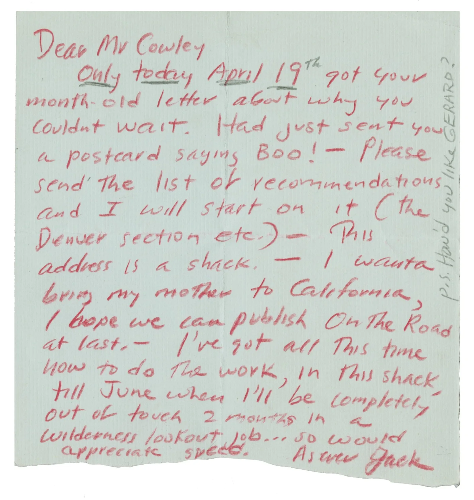 Kerouac letter to Cowley A letter with words written in red pencil. The letter is signed “Jack.”