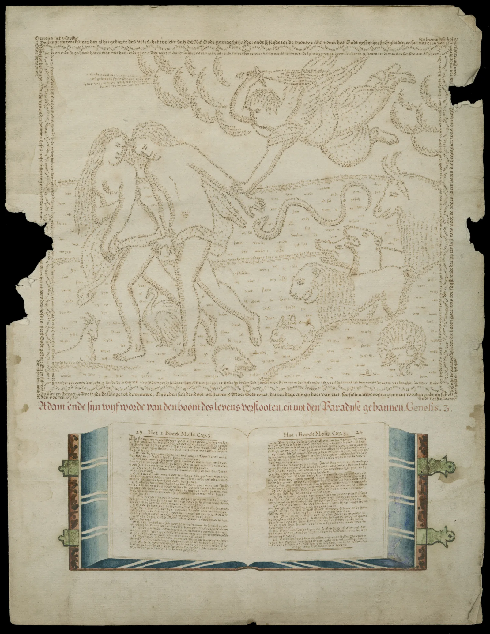 Adam and Eve bow their heads and are cast out of Eden. An angel flies above them with a sword. Different animals, including a snake, watch.