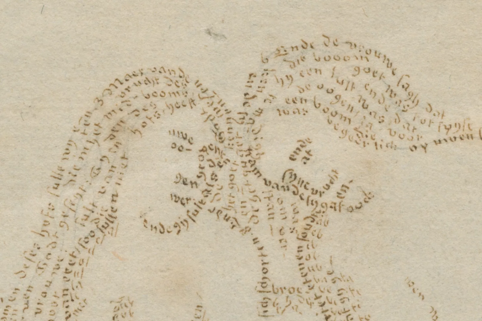 A detail shows the despondent faces of Adam and Eve. Their faces are made up of individual letters.
