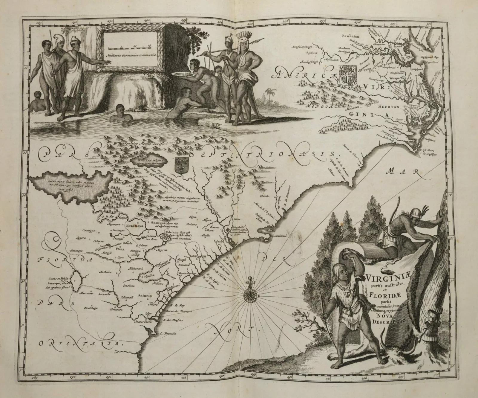 A 17th-century map of Virginia and Florida includes images representing Indigenous people.