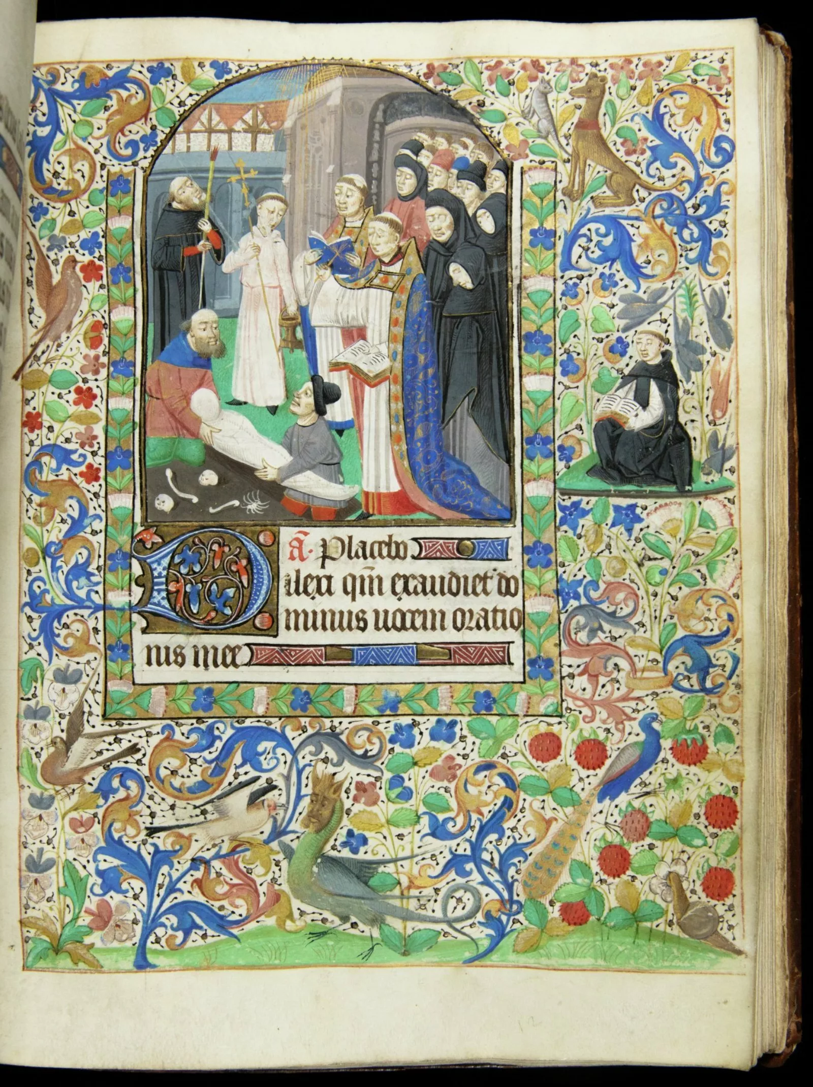An illuminated page from a medieval prayer book features an illustration of a funeral. In the margins are elaborate decorative flourishes as well as fanciful hybrid creatures.