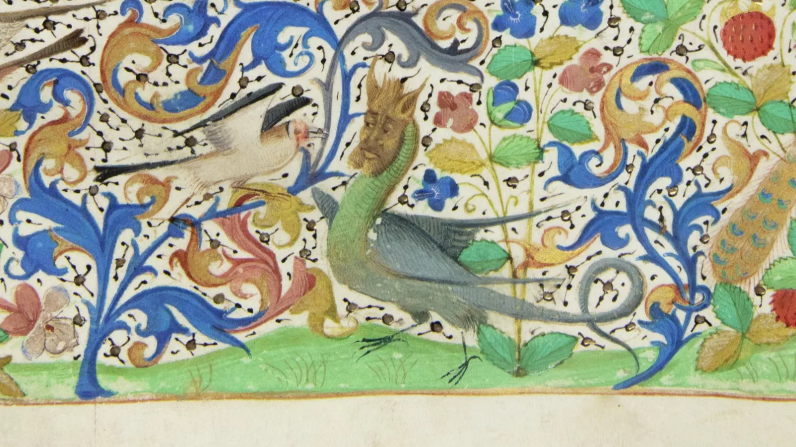 A creature with the body of a bird and the face of a man appears in the bottom margin of a medieval prayer book.
