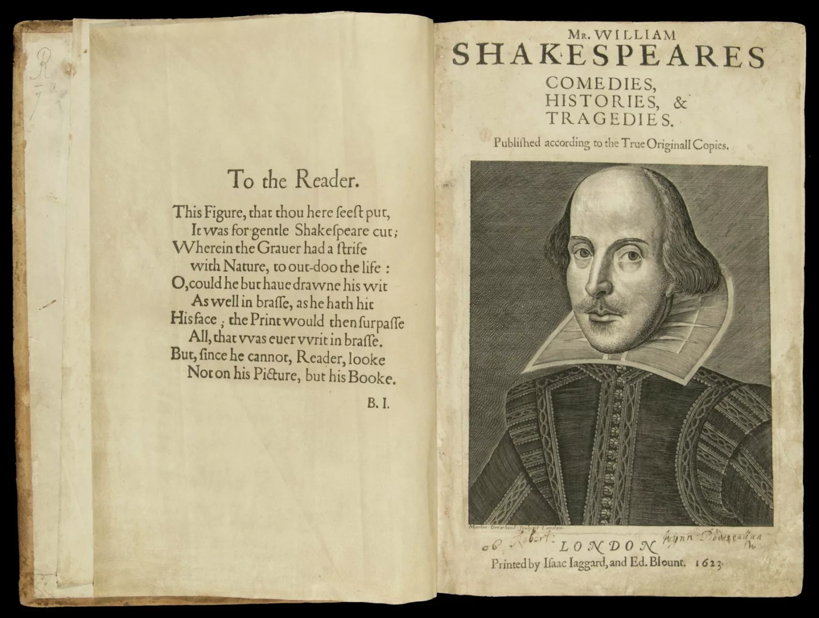 Shakespeare’s iconic portrait appears on a title page under the words “Mr. William Shakespeares Comedies, Histories, and Tragedies. Published according to the True Originall Copies.”