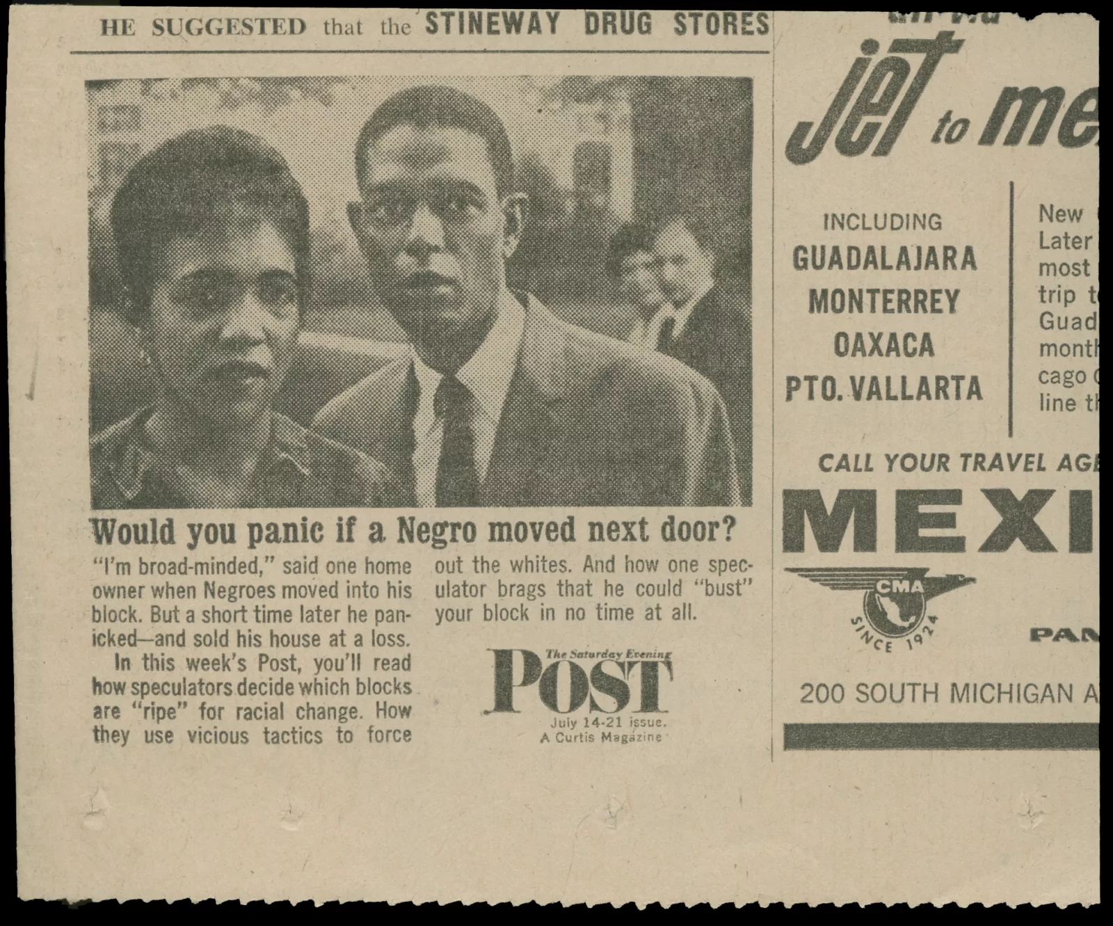 A newspaper clipping features a photograph of an African American couple (a man and a woman). Underneath the photo is the headline “Would you panic if a Negro moved next door?”