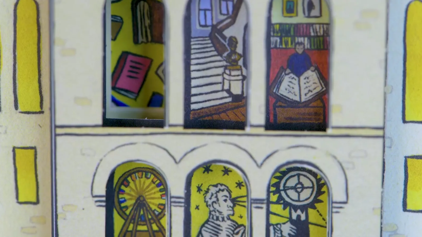 Detail of the pop-up Newberry. Inside the windows are different illustrations, like a cascade of books, a researcher opening a giant book, and the main staircase in the library’s lobby.