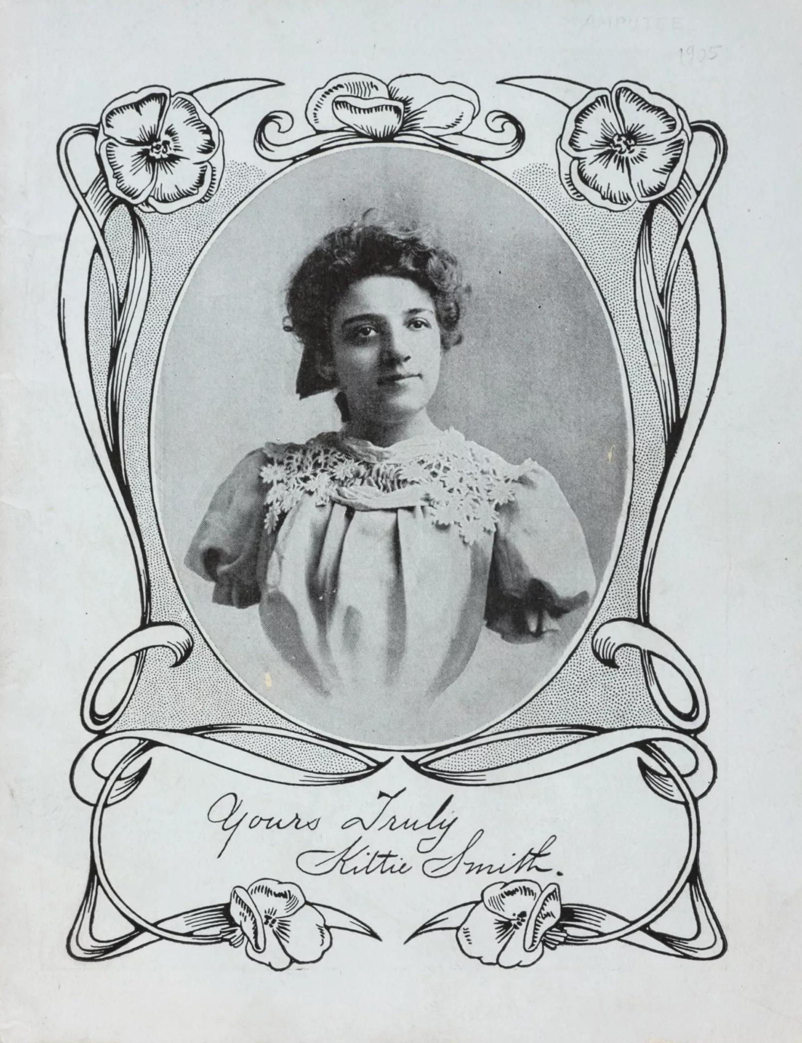 A circular portrait of Kittie Smith surrounded by decorative flowers and borders. Below her portrait is her signature.
