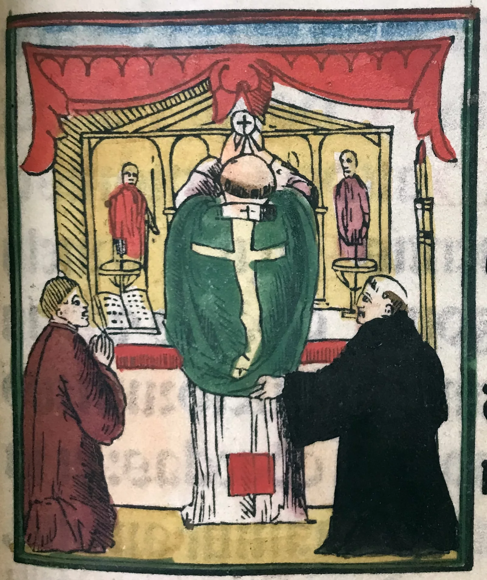 Illustration of the Mass of St. Gregory. A priest adorned in a green cloth stands at the altar. A missal sits on the altarpiece.