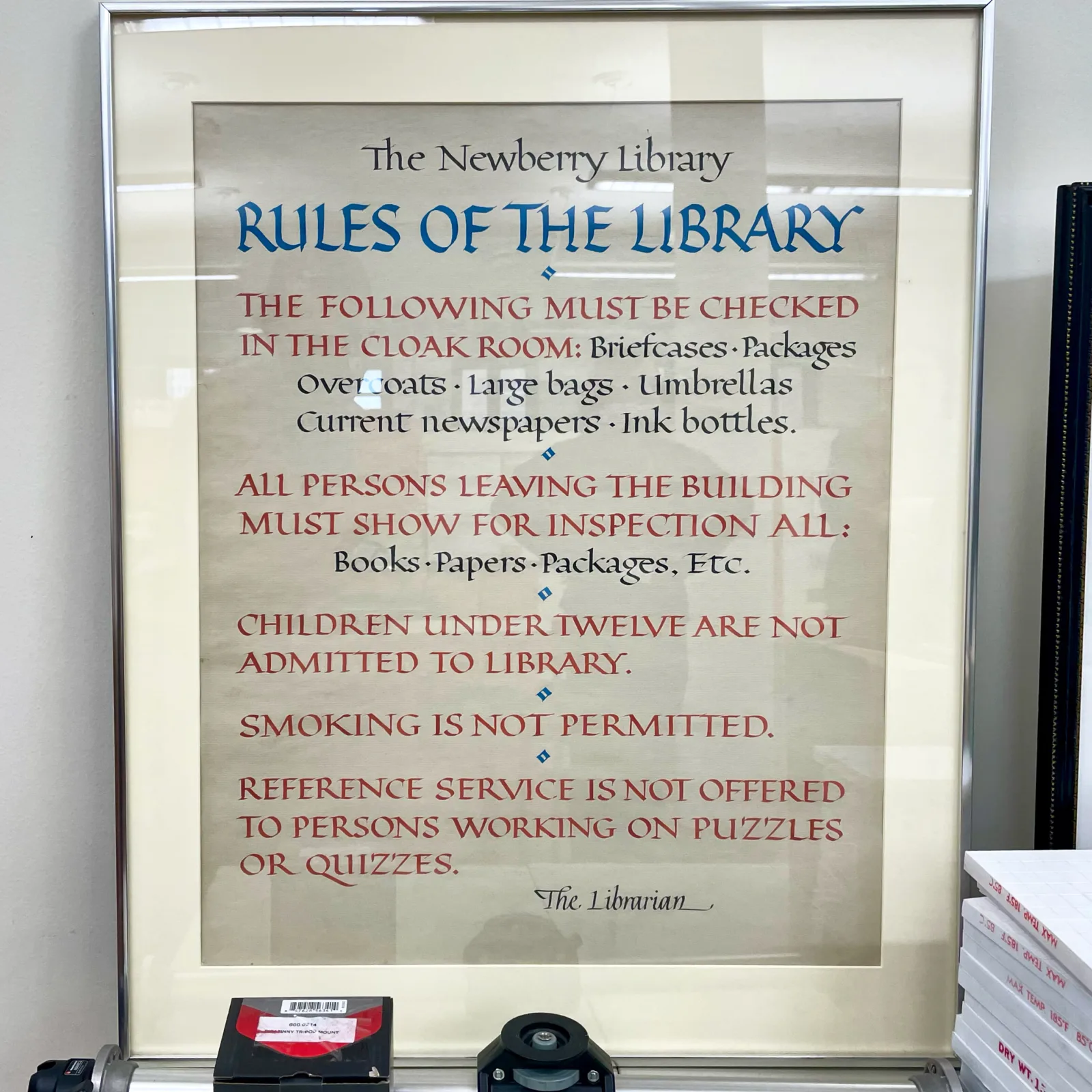 “Rules of the Library” sign made by James Hayes, ca. 1950s.