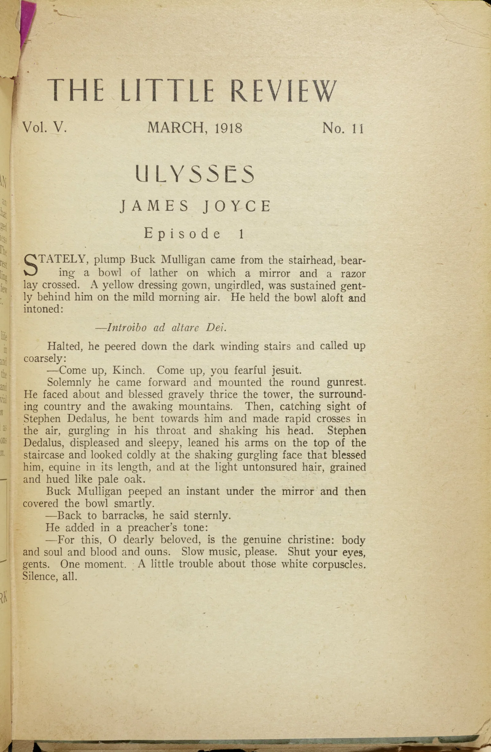 The text of the first chapter of Ulysses inside the March 1918 issue of the Little Review