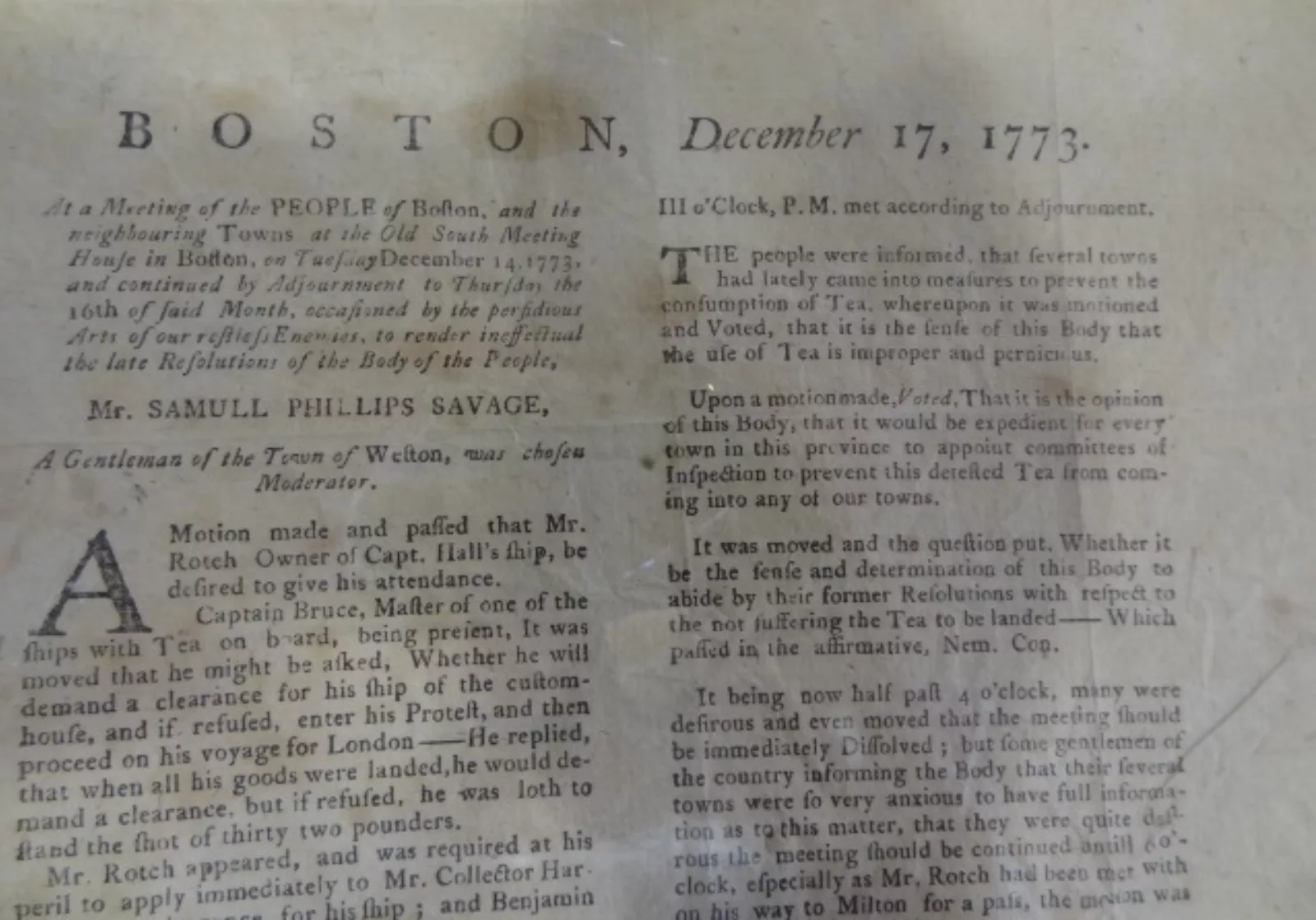 Broadside on the meeting that preceded the Boston Tea Party, 1773.