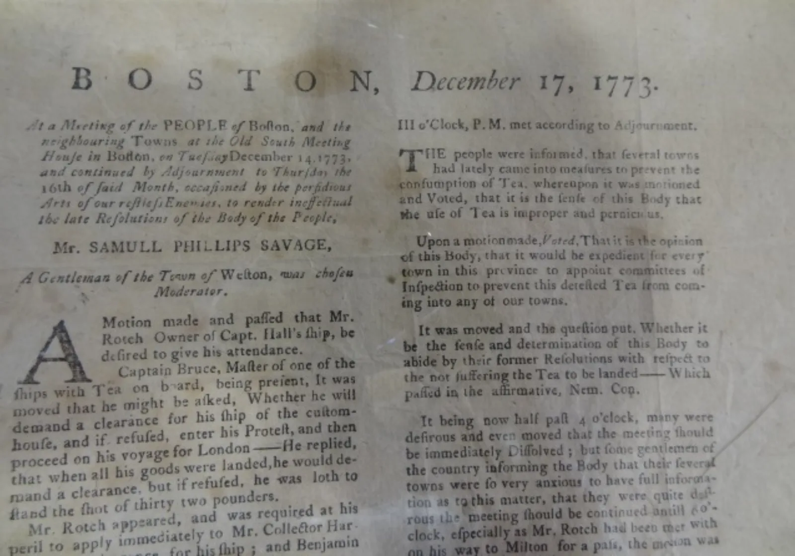 Broadside on the meeting that preceded the Boston Tea Party, 1773.