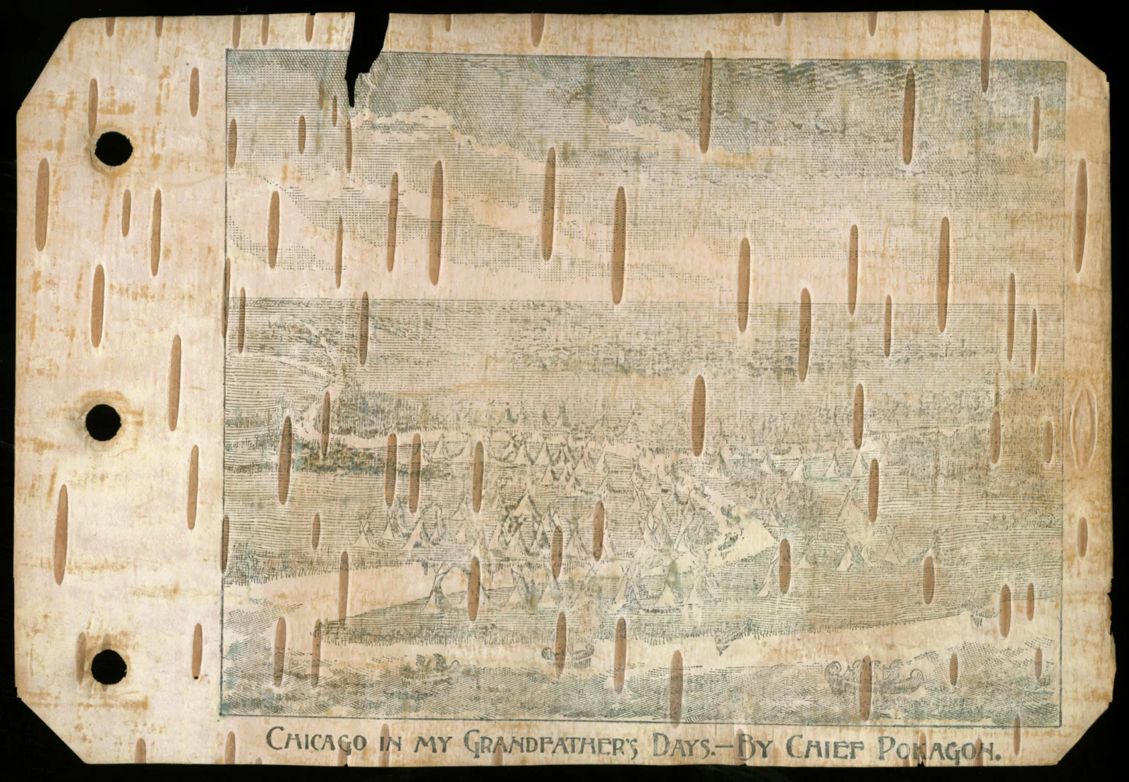 A map of Chicago printed on birchbark. The map depicts Native people, Native homes, and the river. Below the map are the words "Chicago in my Grandfather's Days"