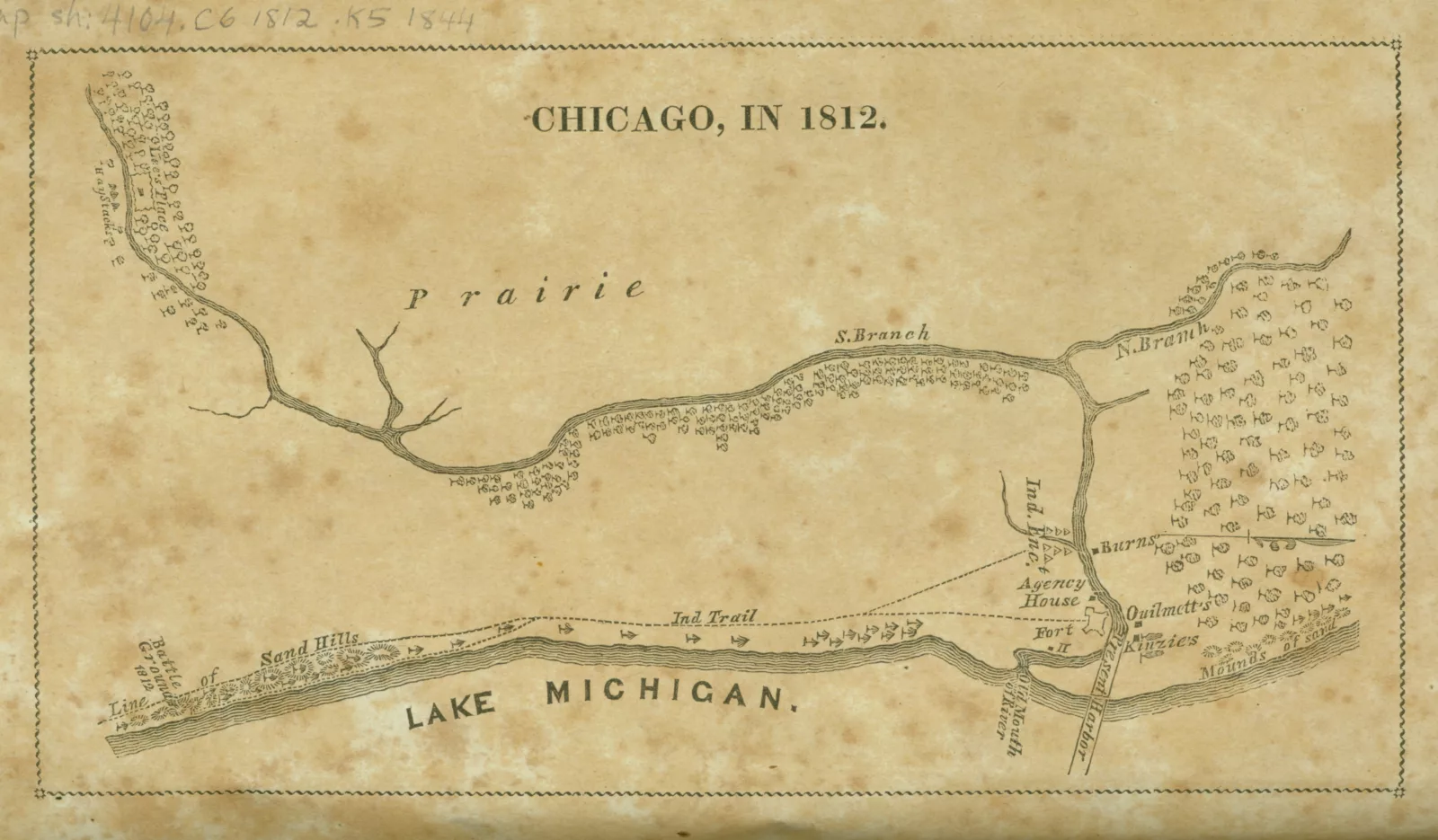 Manuscript map that depicts empty land with a river running through. At the top is the title "Chicago, in 1812." Map labels indicate the prairie and Lake Michigan.