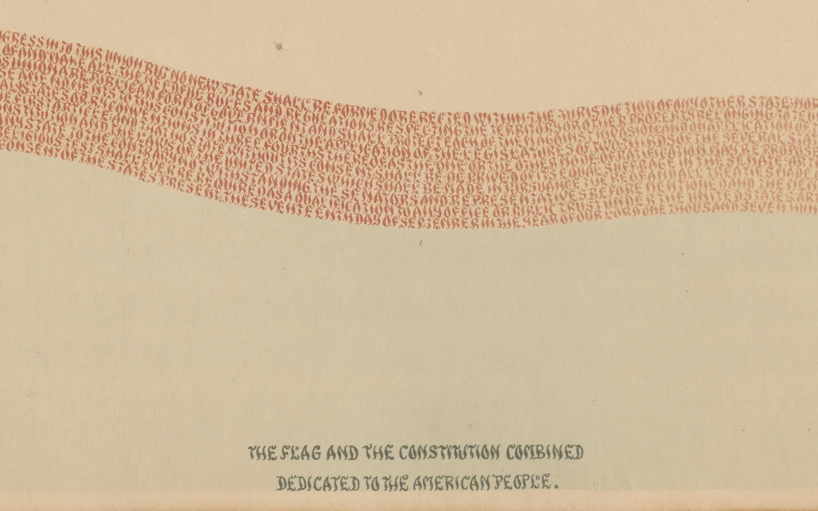 Portion of a calligraphic piece made by NeJame. NeJame lettered the US Constitution in the shape of the US flag. Different portions of the piece are in red and blue.