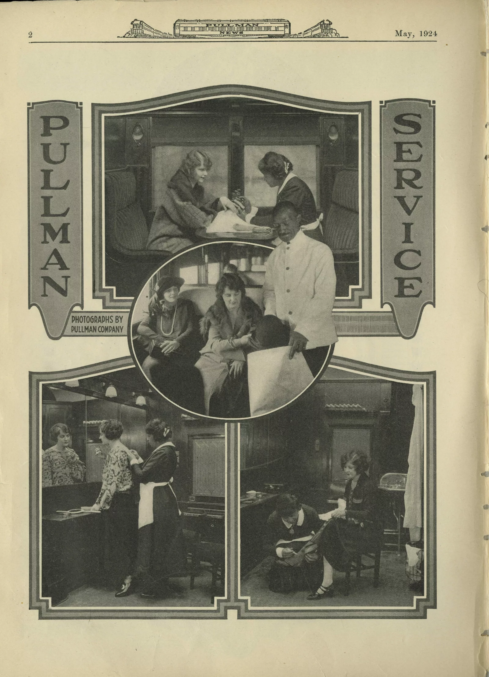 Photographs of Pullman maids appear along with the headline "Pullman Service" in a 1924 company magazine