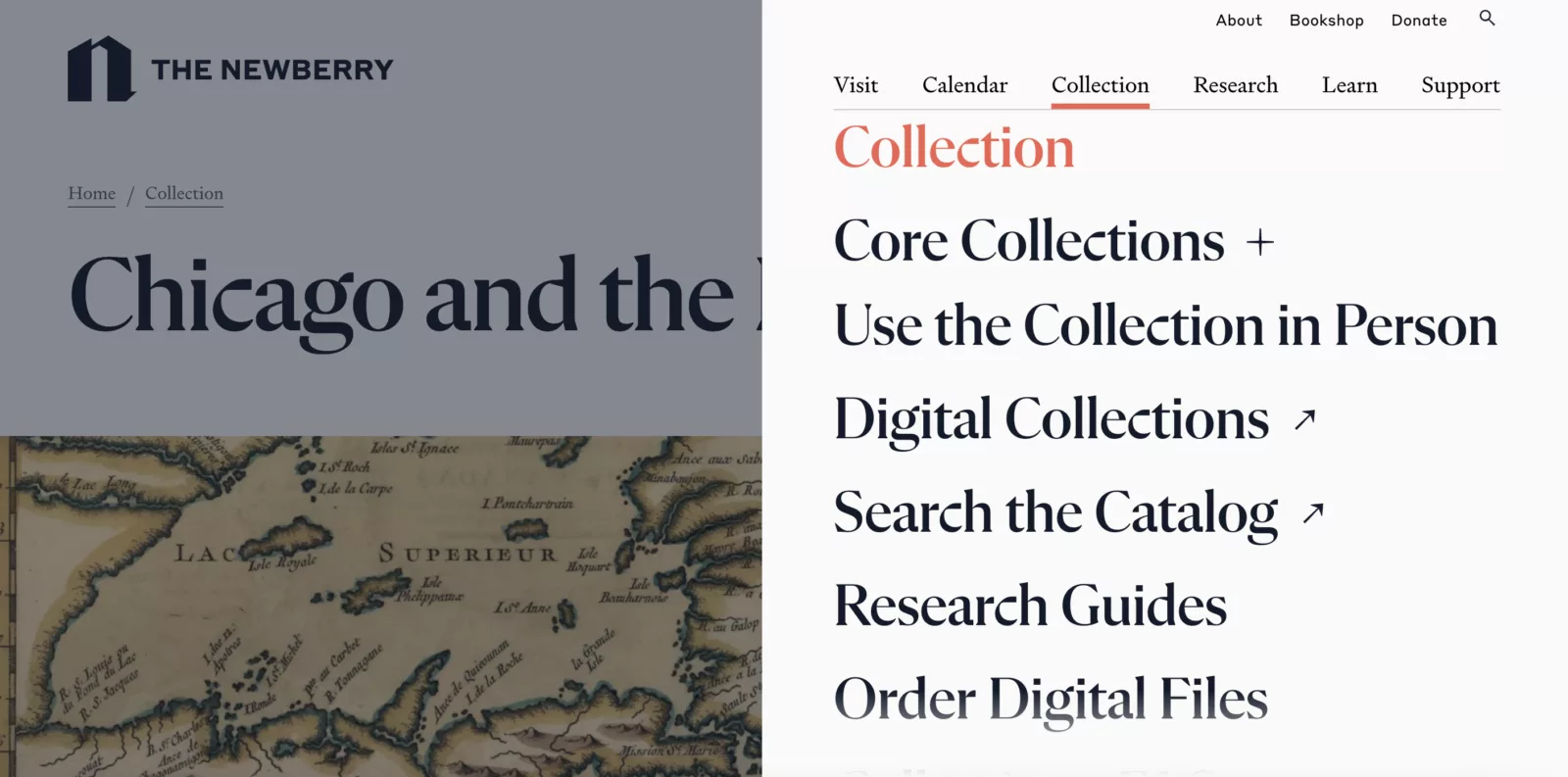 A website menu has a list of pages related to the Newberry collection.