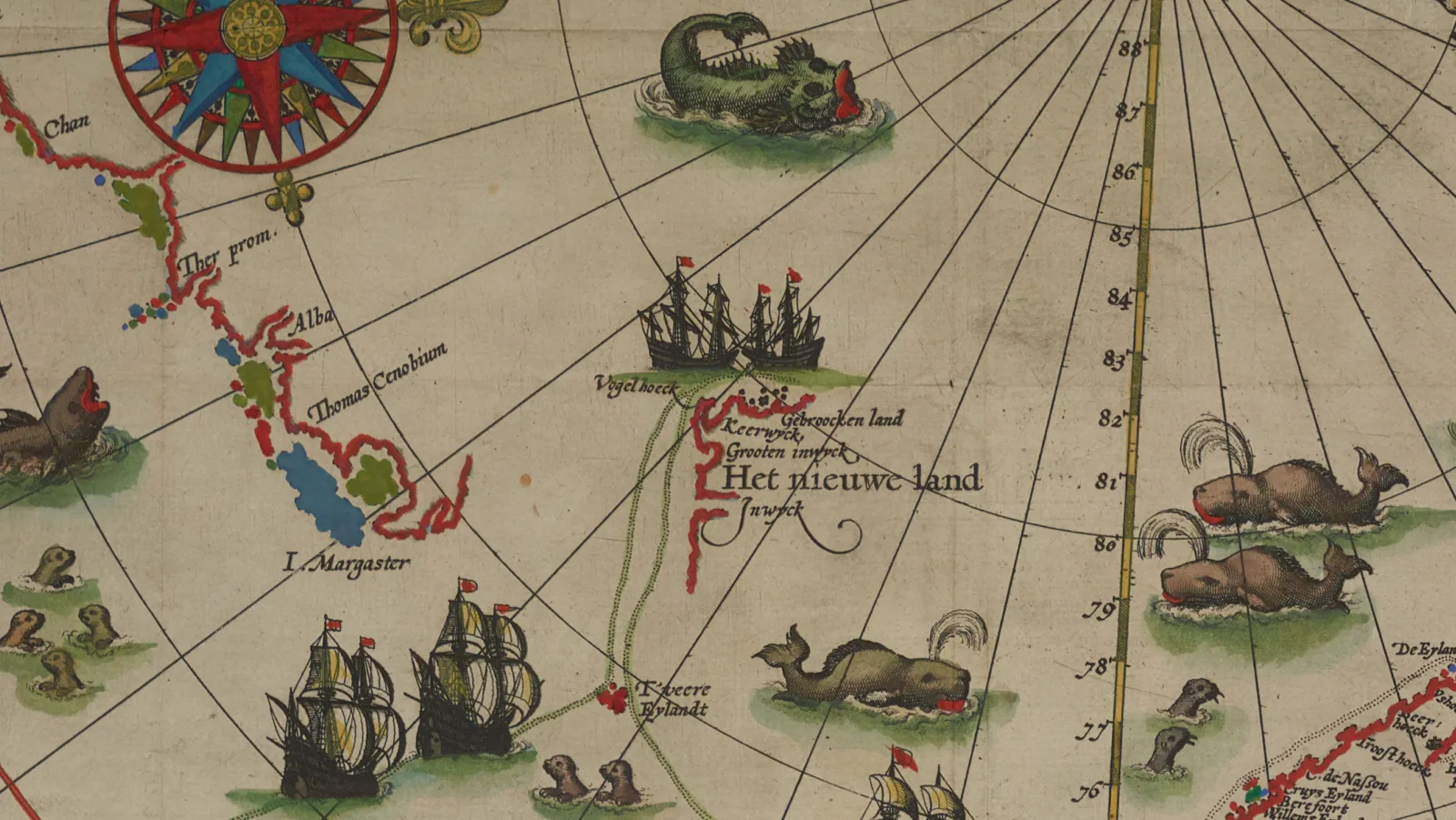 An incomplete outline of a coastline appears next to the words “Het nieuwe land,” which literally translates to “The new land.”