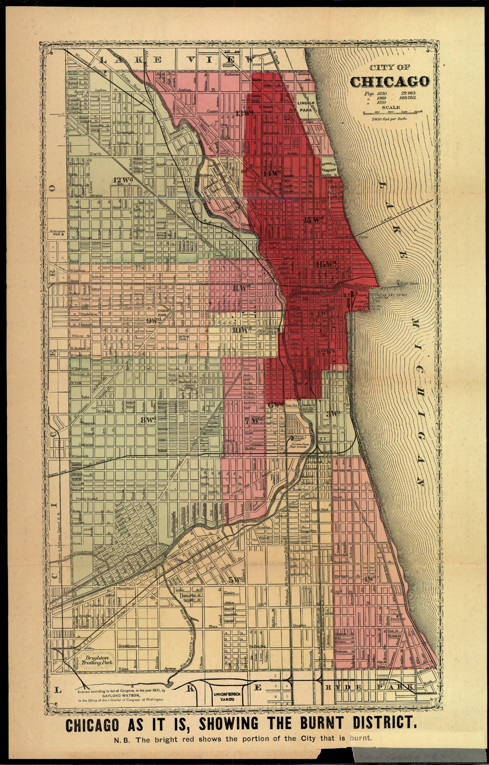 In the aftermath of the Great Chicago Fire, maps were quickly produced to meet public demand for information about the disaster. This map, showing the "burnt district," appeared in The Great Fires in Chicago and the West, by E.J. Goodspeed, 1871.