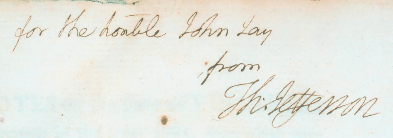 Inscription to John Jay by Thomas Jefferson, in a copy of Notes on the State of Virginia