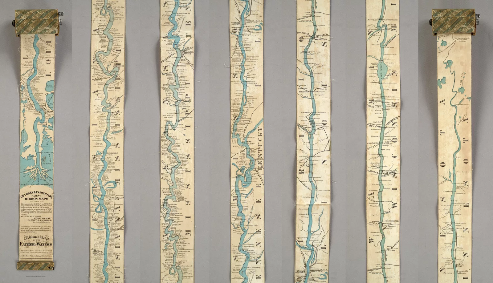 A ribbon map from the 1860s that unspools to show the Mississippi River
