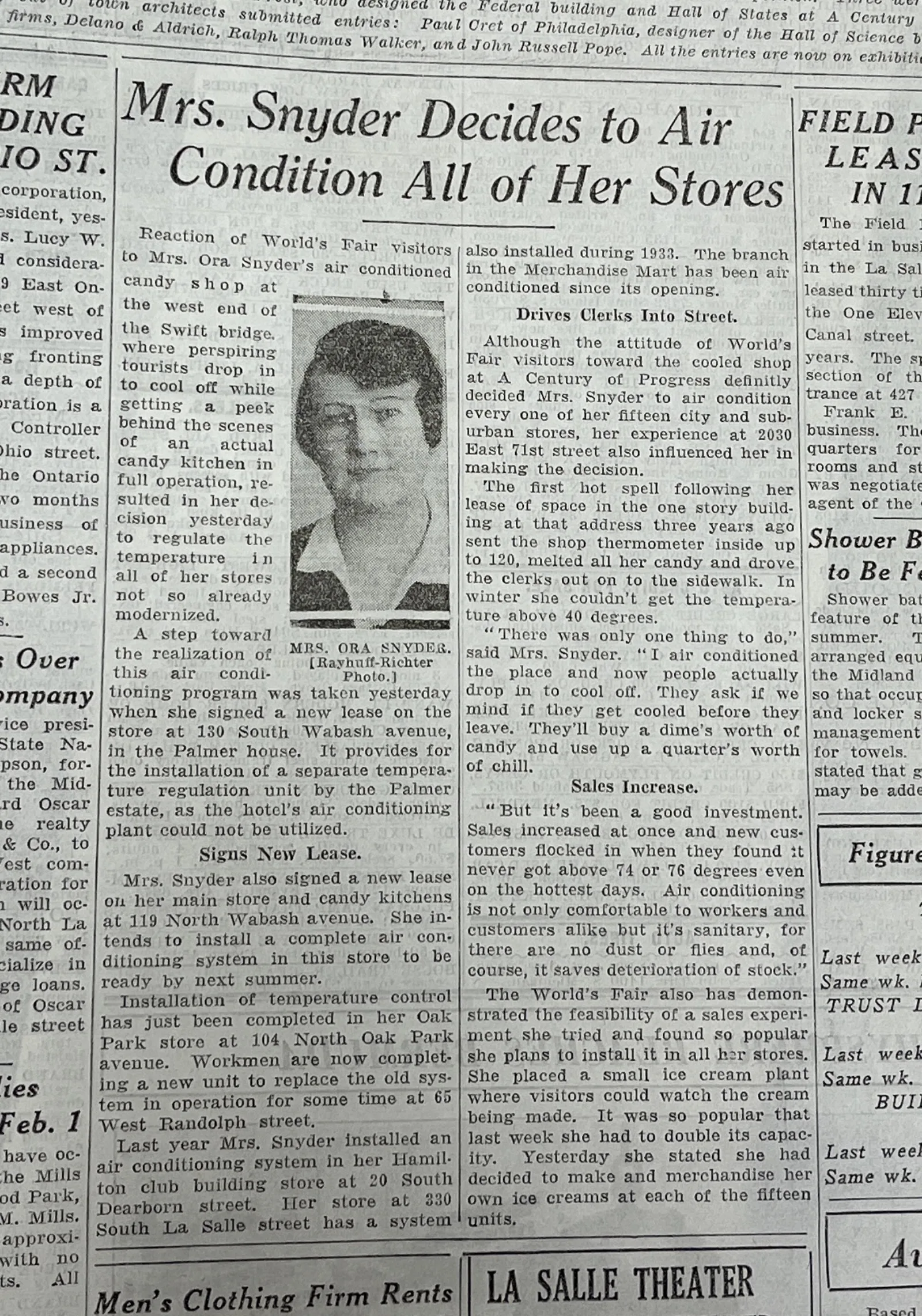 A newspaper article with the headline: "Mrs. Snyder decides to air condition all of her stores."