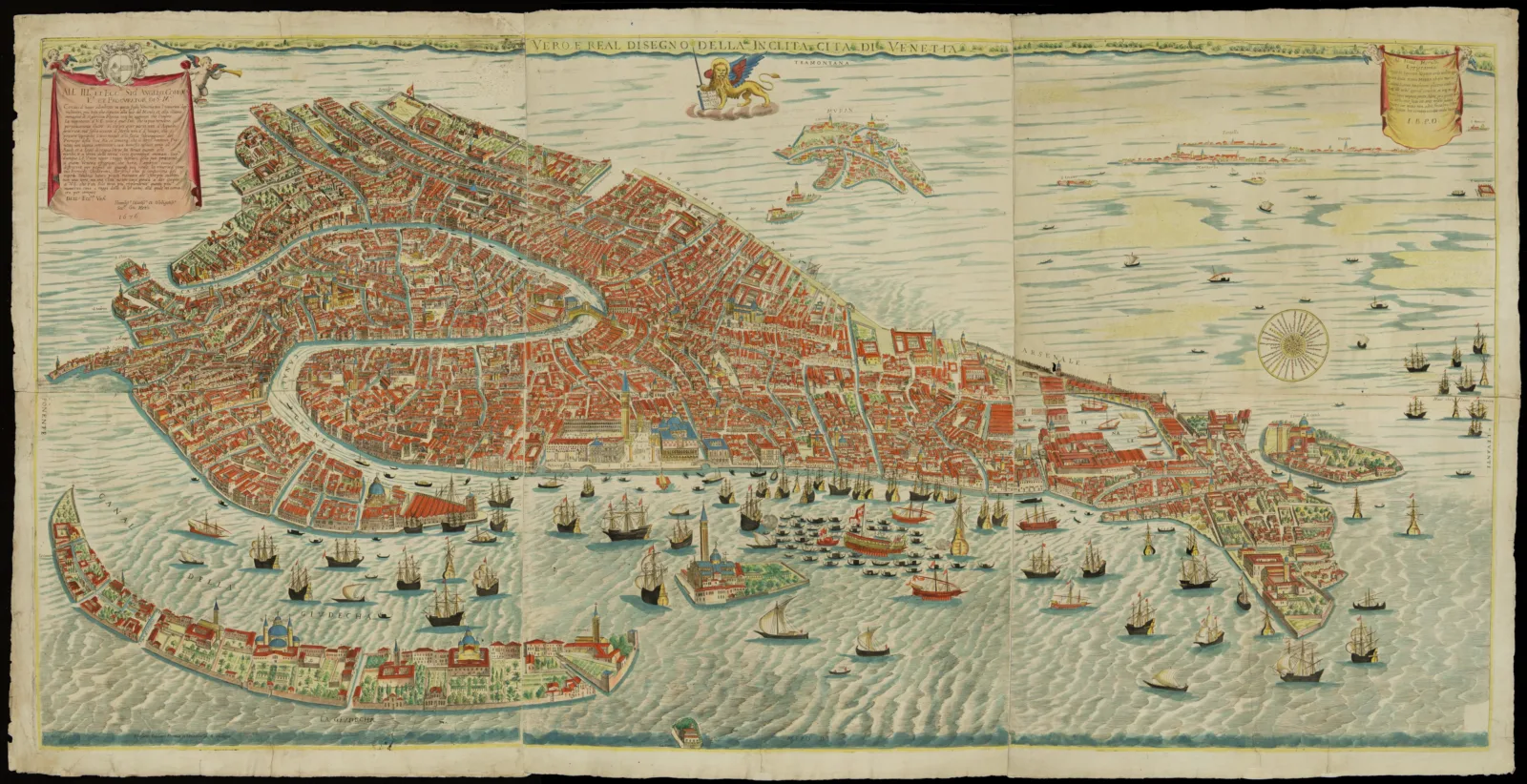 Giovanni Merlo, active 1656–1696. True and Accurate Map of the Inclined City of Venice.  (Vero e real disegno della inclita città di Venezia.) Engraved map with hand coloring, printed in Venice, Italy, by Stefano Scolari in 1676.