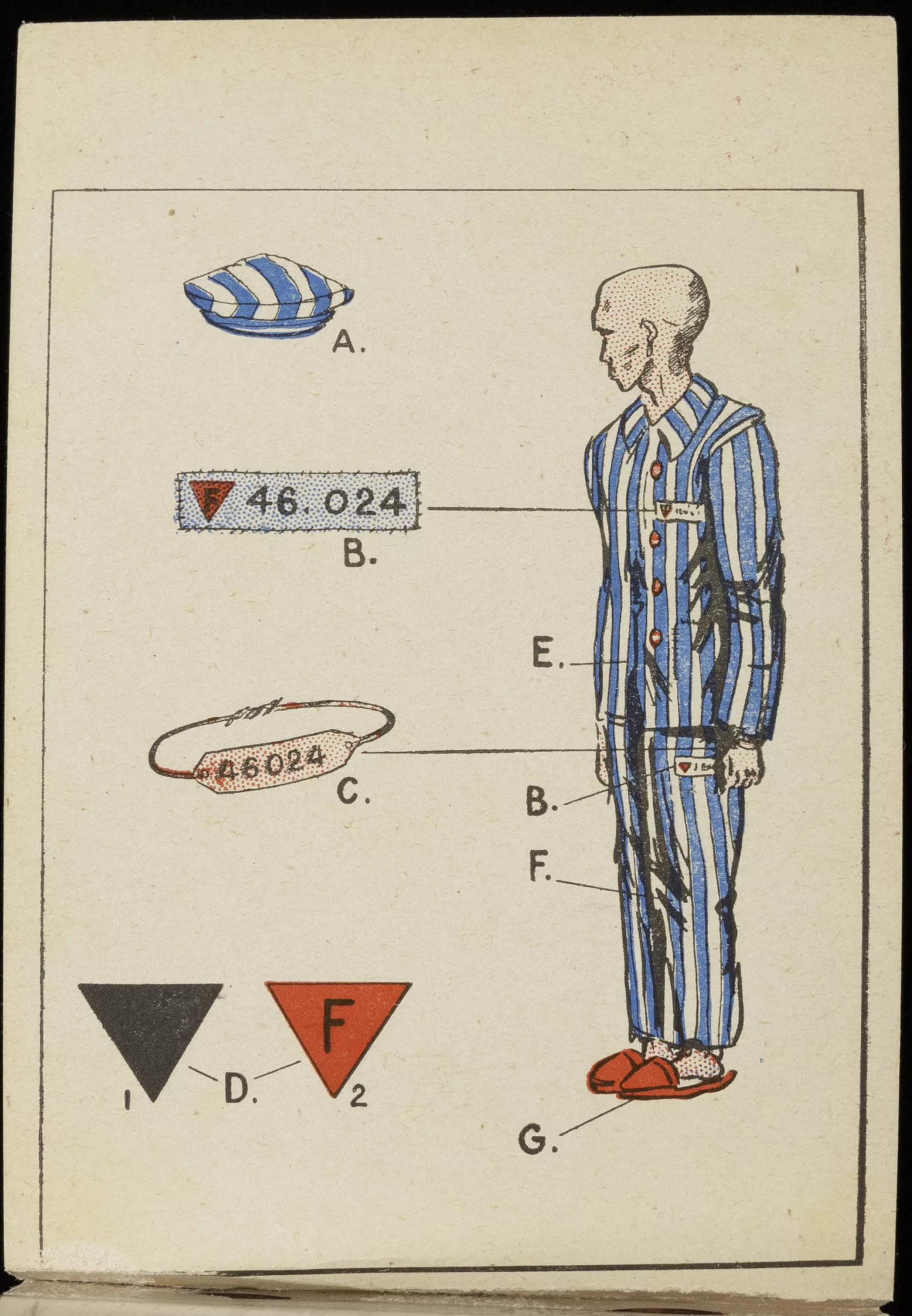 A diagram shows a concentration camp prisoner and the different pieces of their uniform.