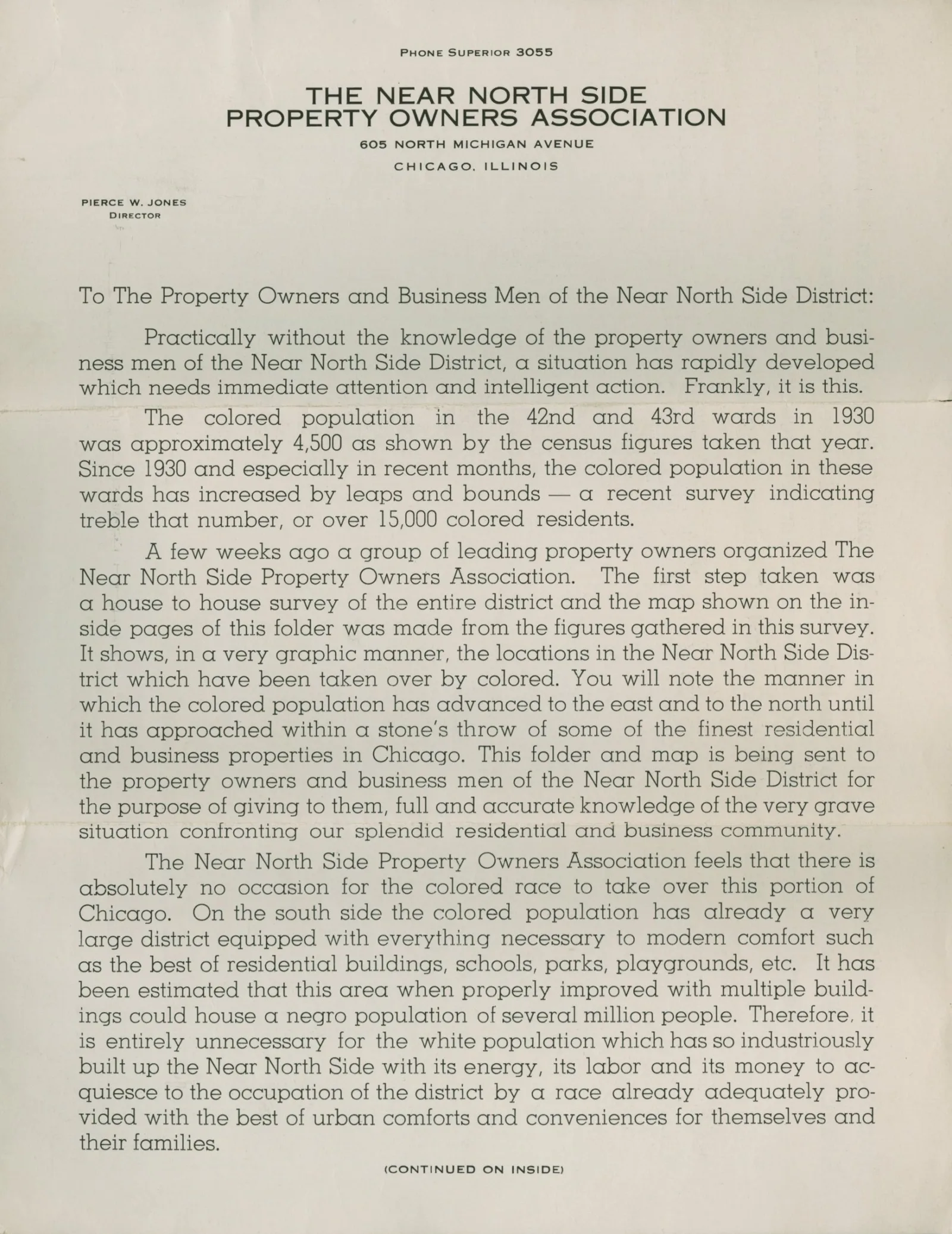 In a flyer from the 1930s, the Near North Side Property Owners Association referred to the presence of African Americans in the neighborhood as a “very grave situation.”