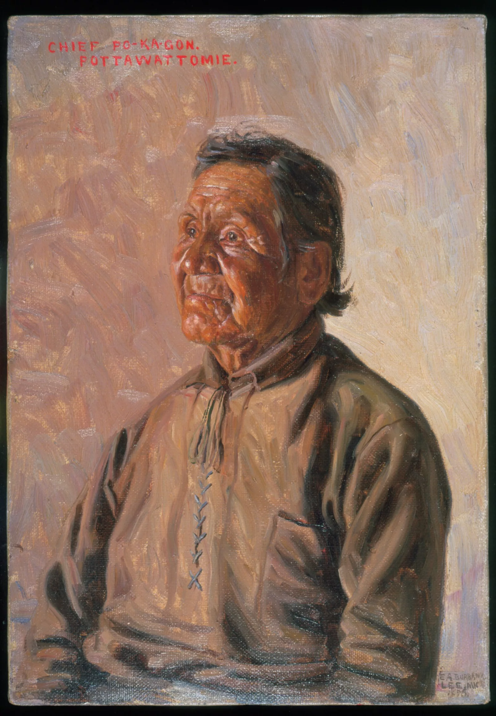 Portrait of Simon Pokagon. The words "Chief Po-Ka-Gon Pottawattomie" appear over his head