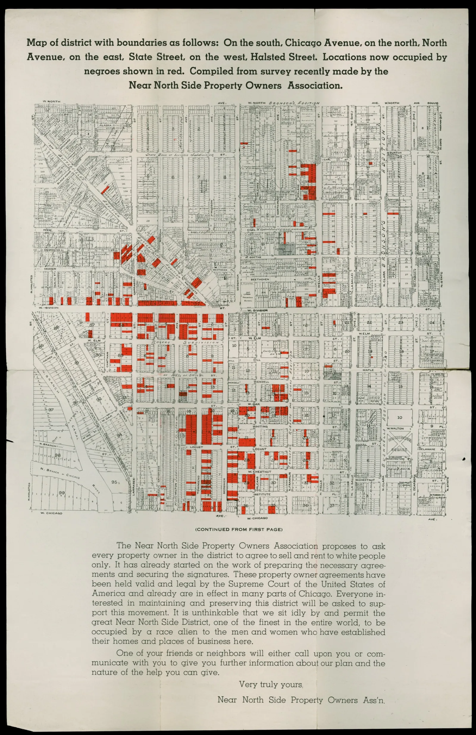 To stoke fear among white property owners, the Near North Side Property Owners Association supplemented their racist campaign with a map showing African American residences in the neighborhood.