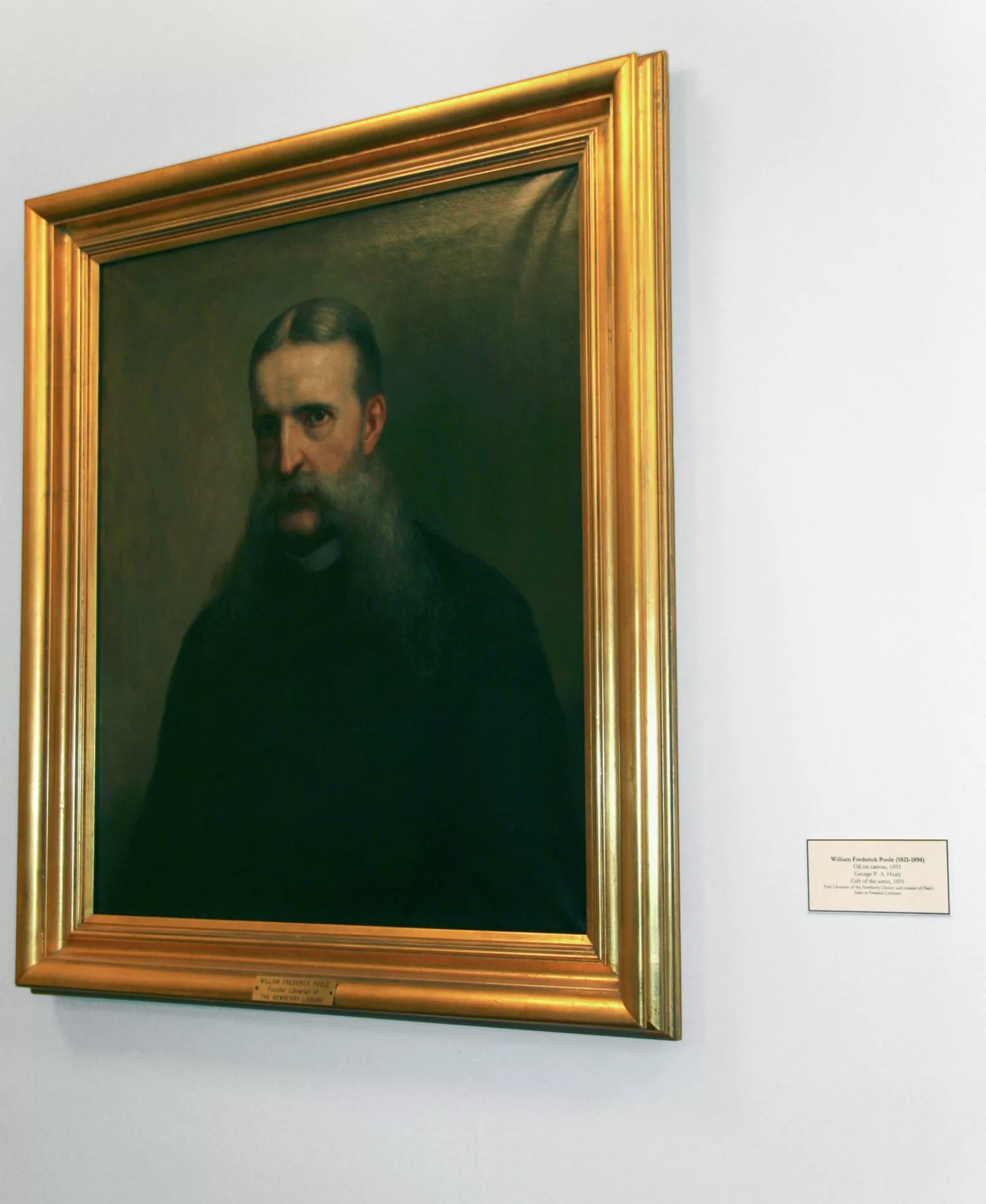 A portrait of Poole by George P. Healy hangs in the Newberry's General Reading Room in a gold frame.
