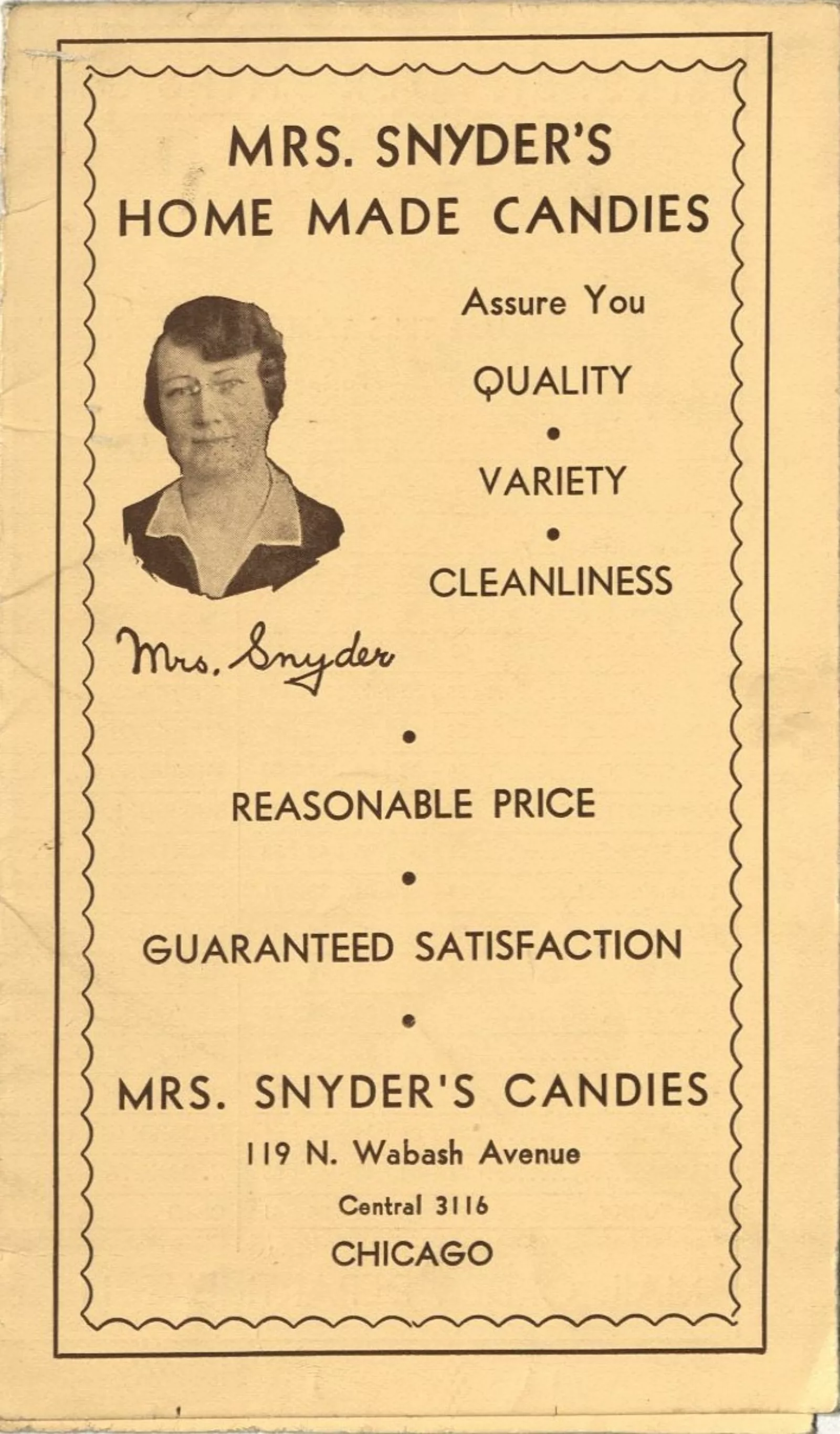 The front of a brochure features a portrait of Ora Snyder and the words "Mrs. Snyder's Home Made Candies" assure you quality, variety, and cleanliness."