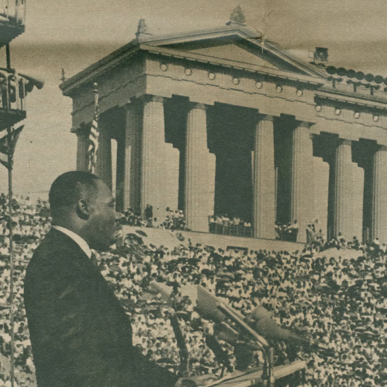 Martin Luther King Jr., speaking at Soldier Field in Chicago. June 21, 1964. From the Chicago Sun-Times. Midwest MS Field Enterprises: Box 69, Folder 978.