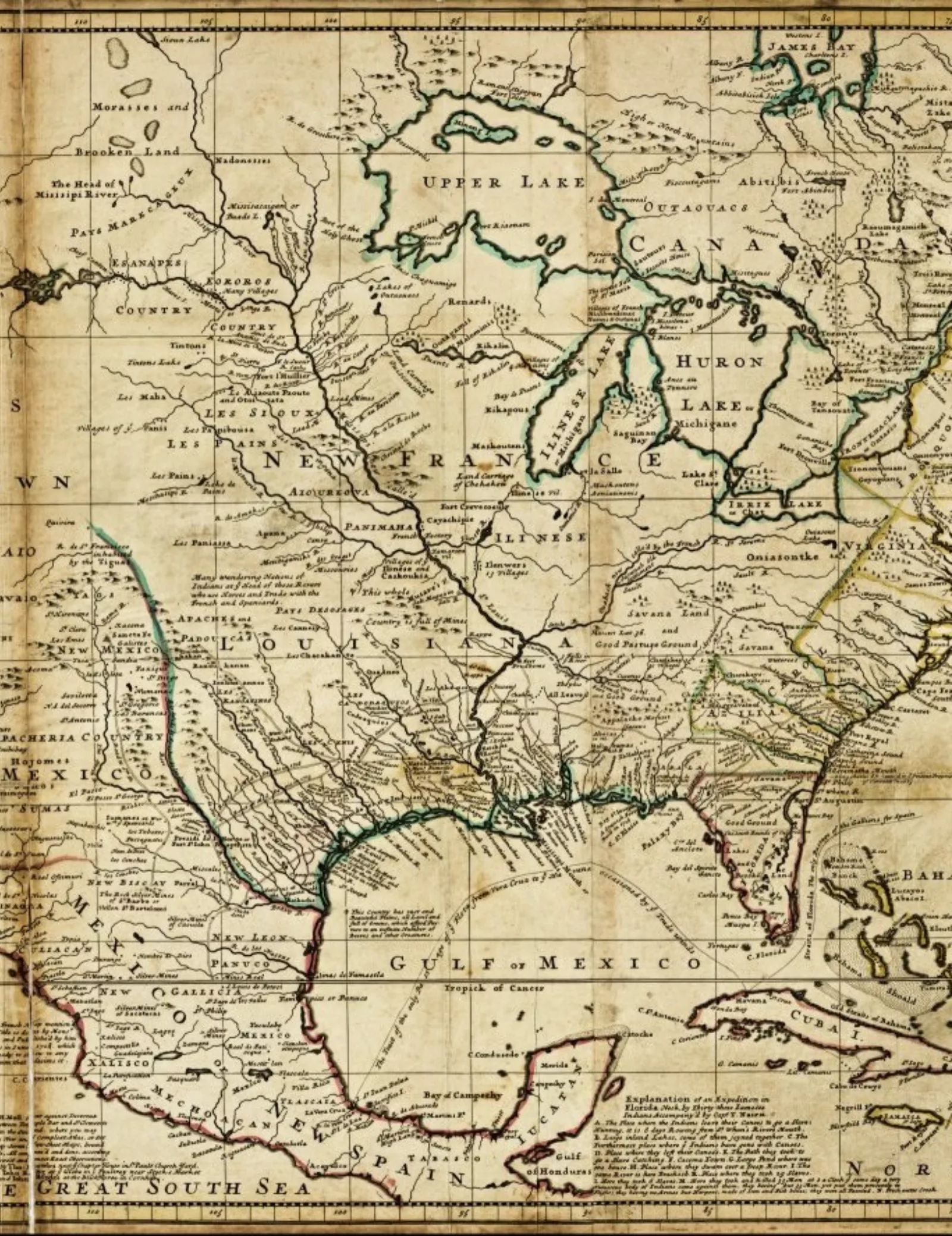 Detail from “A new map of the north parts of America claimed by France under ye names of Louisiana, Mississipi, Canada and New France . . .”, by H. Moll, geographer, 1720.