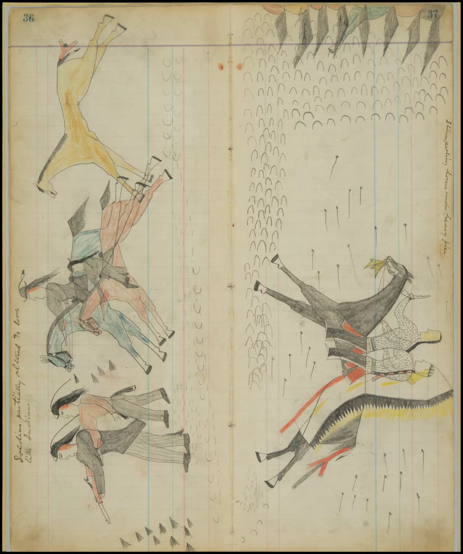 Horses and hoof prints cover a page in a ledger art book